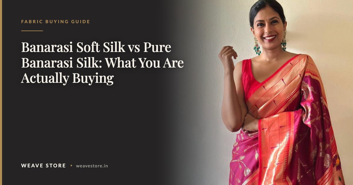 Royal magenta and gold Banarasi brocade silk saree, shown for comparison with soft silk