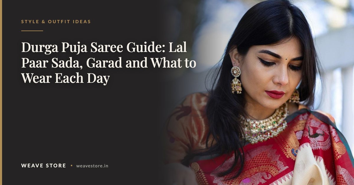 Off-white and red hand-crafted Banarasi silk saree in the lal paar sada palette of Durga Puja
