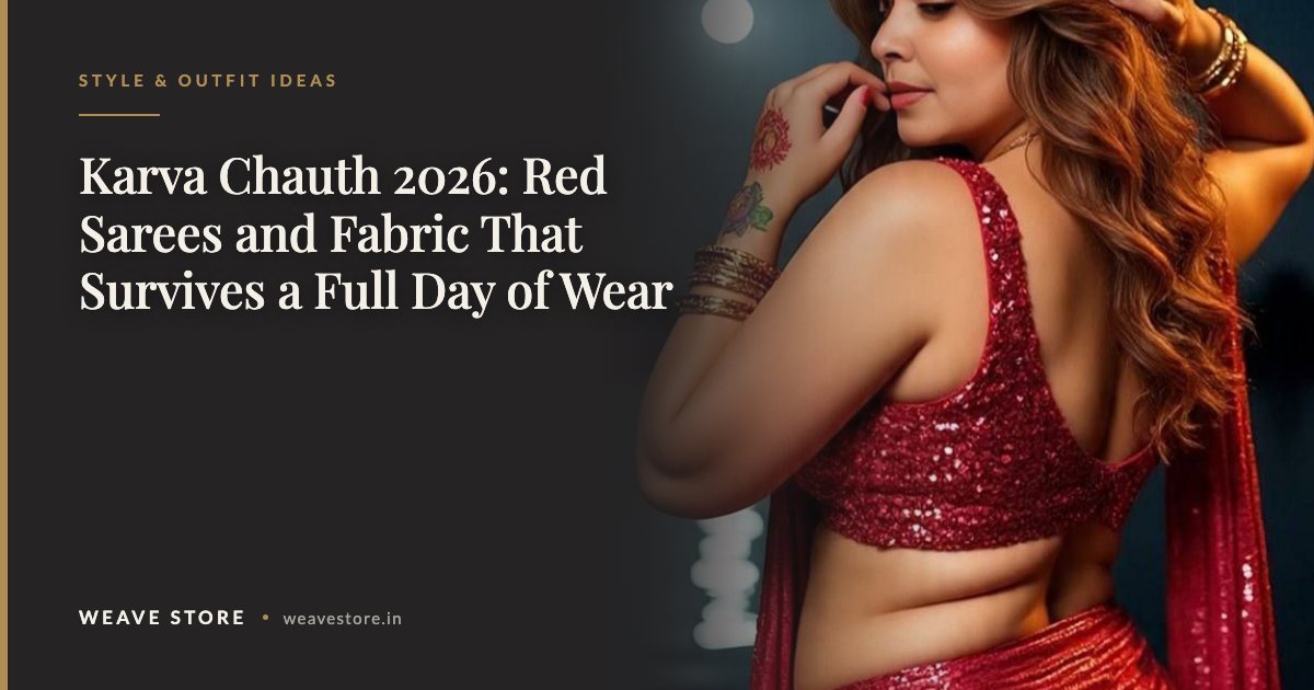 Red sparkle georgette saree with a matching red velvet blouse for Karva Chauth