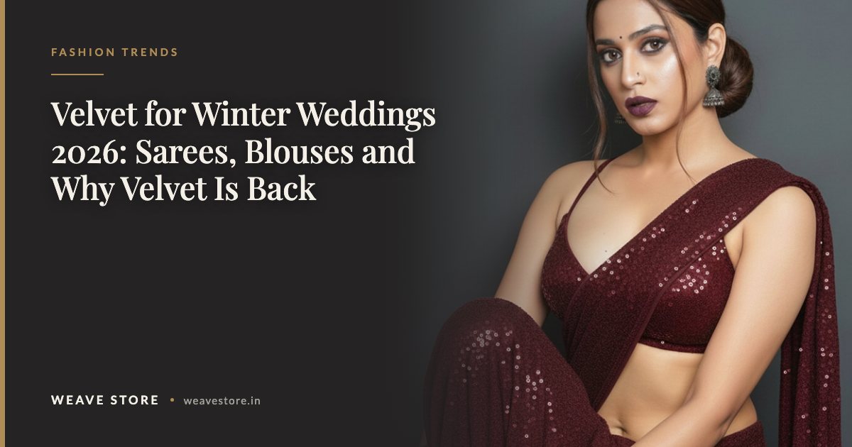 Maroon sparkle georgette saree paired with a maroon sparkle velvet blouse for winter weddings