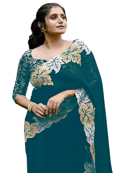 Woman wearing satin chiffon silk saree with large leaf jari embroidery and cutwork border