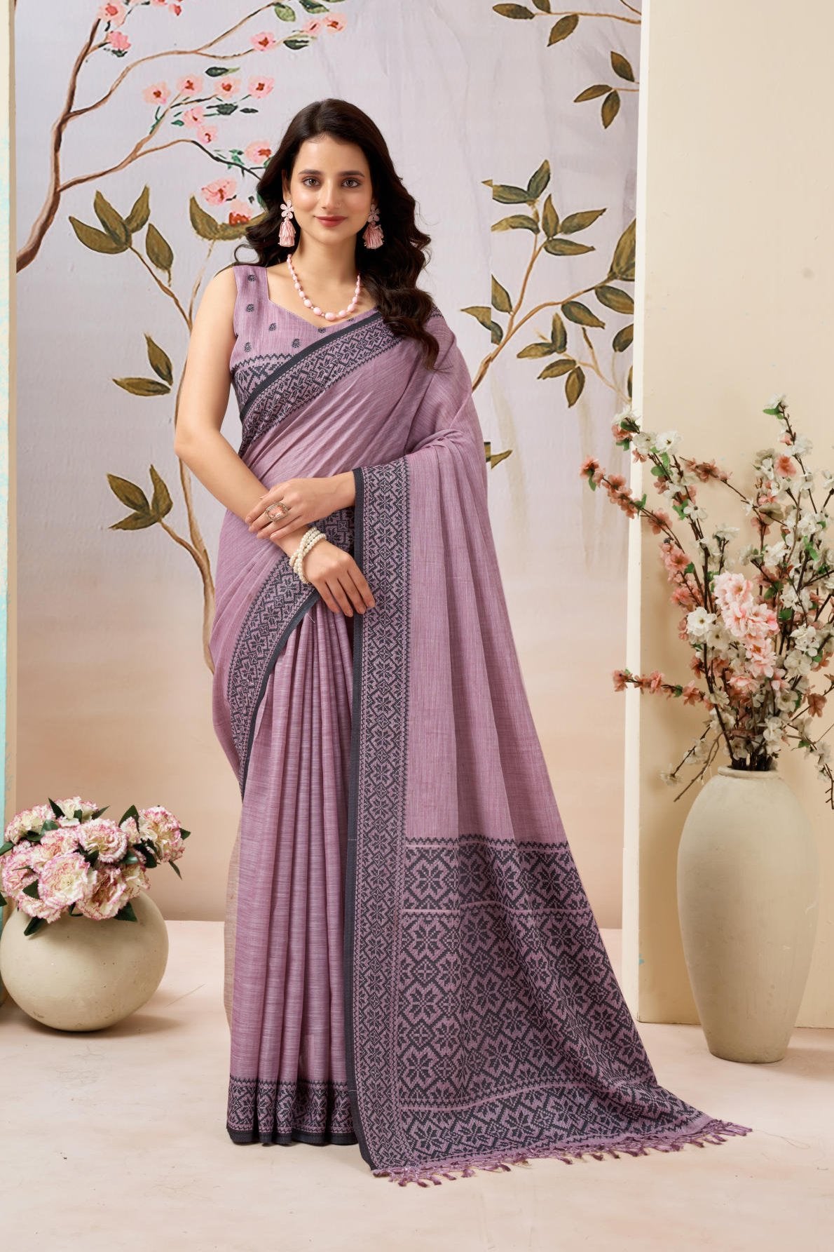 A high-quality Pure Linen by Linen Handloom Saree (6.30 meters) showcasing a traditional woven border and pallu. It includes a running Pure Linen blouse piece (0.80 meters) detailed with all-over weave buttis and a complementary border, offered as a six-piece set.