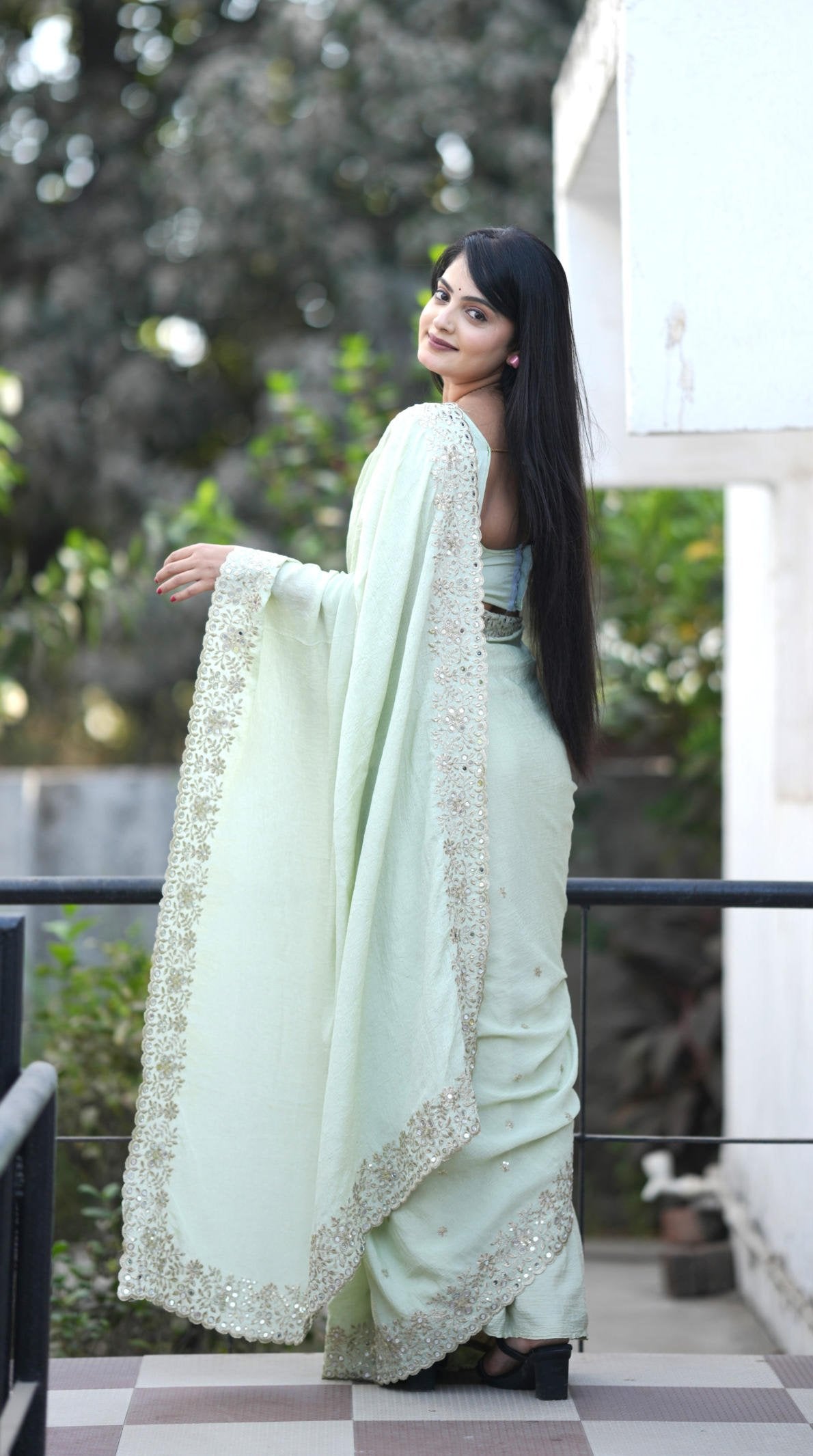 platinum crush saree with jari dori embroidery real mirror work pallu