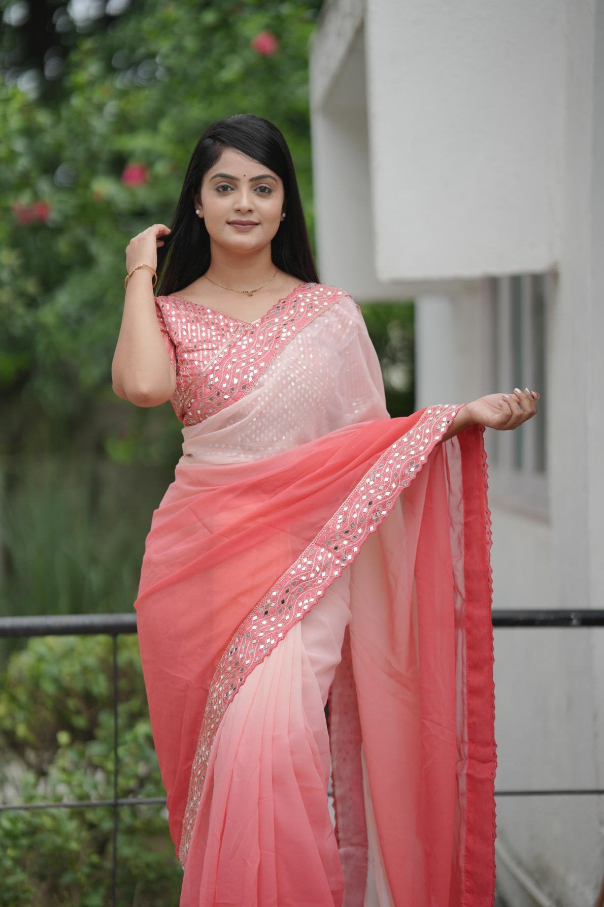 heavy faux georgette shaded saree with mirror work lace border and embroidered mono diamond silk blouse