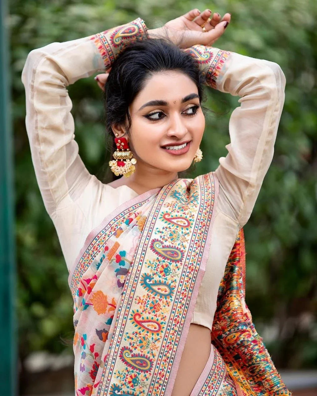 WeaveSaree Banarasi Soft Silk Saree with Kashmiri Multicolor Thread Weaving, Pure Zari Work, Six Light Shades, and Unstiched Blouse