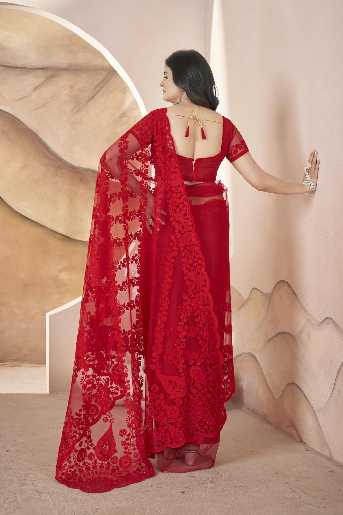 heavy butterfly net saree with tone to tone aari embroidery stone work and rich pallu with embroidered blouse