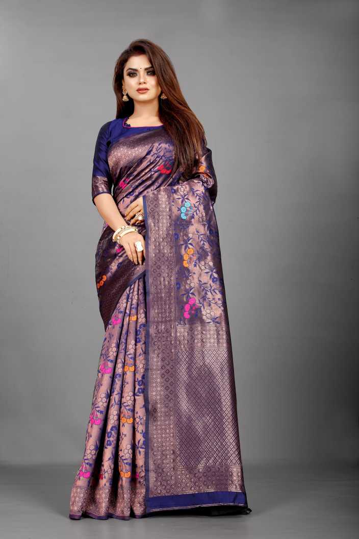 Mystical Soft Lichi Silk saree in shimmering midnight plum with an intricate self-weave pattern, featuring delicate multi-colour floral motifs and a rich zari border, gracefully worn by a model.