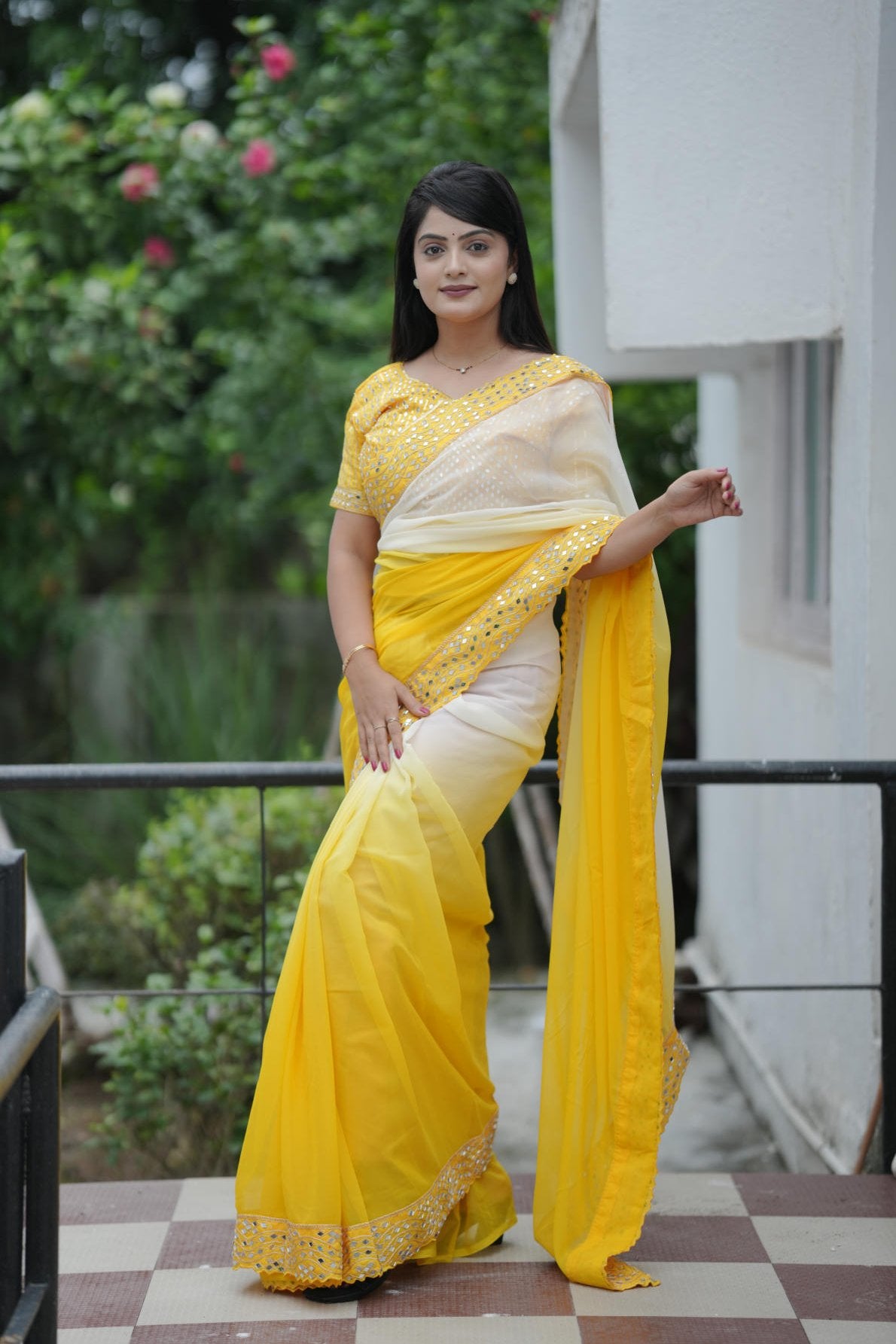 heavy faux georgette shaded saree with mirror work lace border and embroidered mono diamond silk blouse
