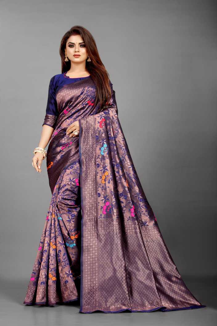 Mystical Soft Lichi Silk saree in shimmering midnight plum with an intricate self-weave pattern, featuring delicate multi-colour floral motifs and a rich zari border, gracefully worn by a model.