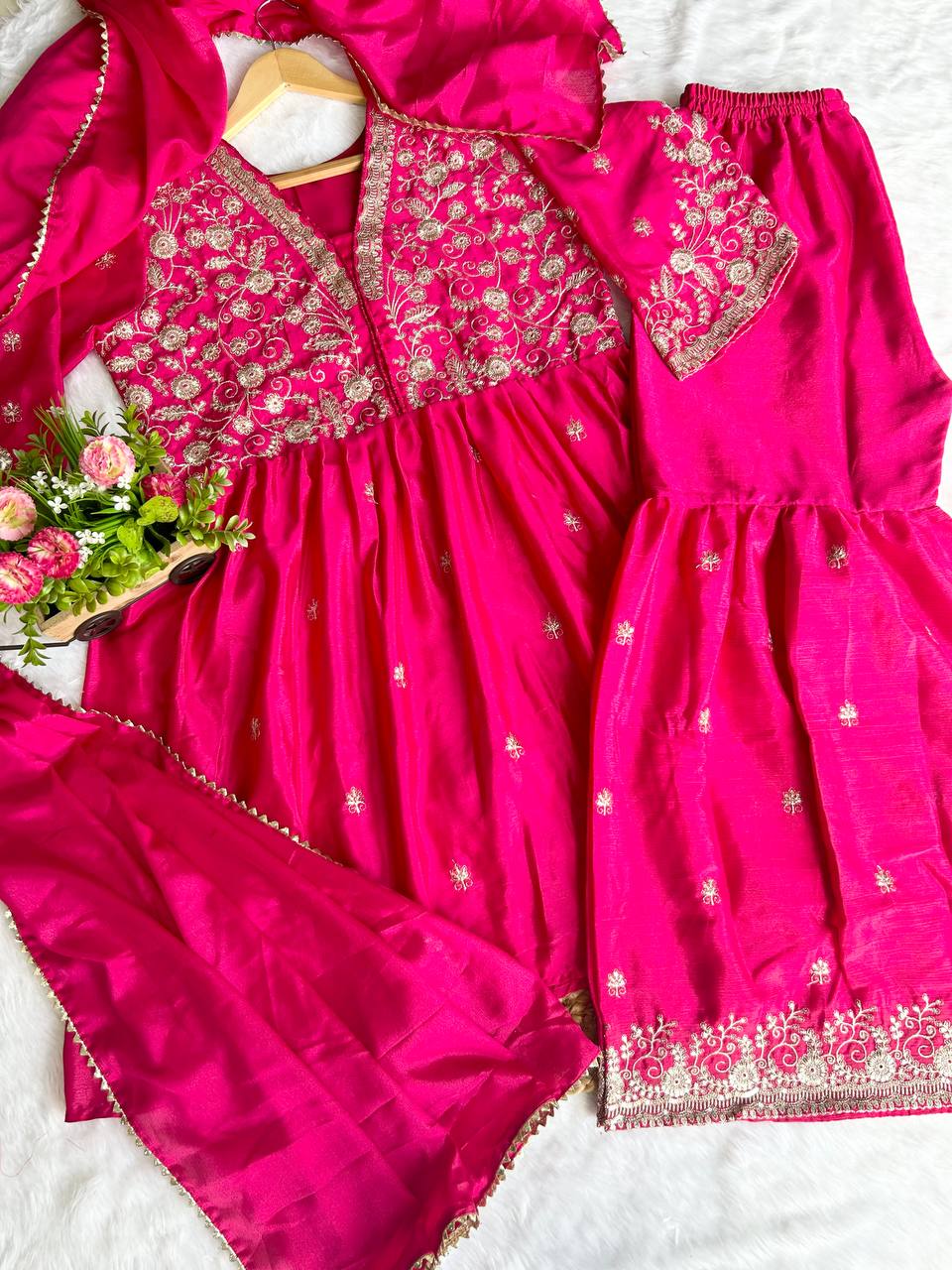 Weave Pure Chinon Ready-Made Plazzo Set with Sequence Embroidery & Dupatta