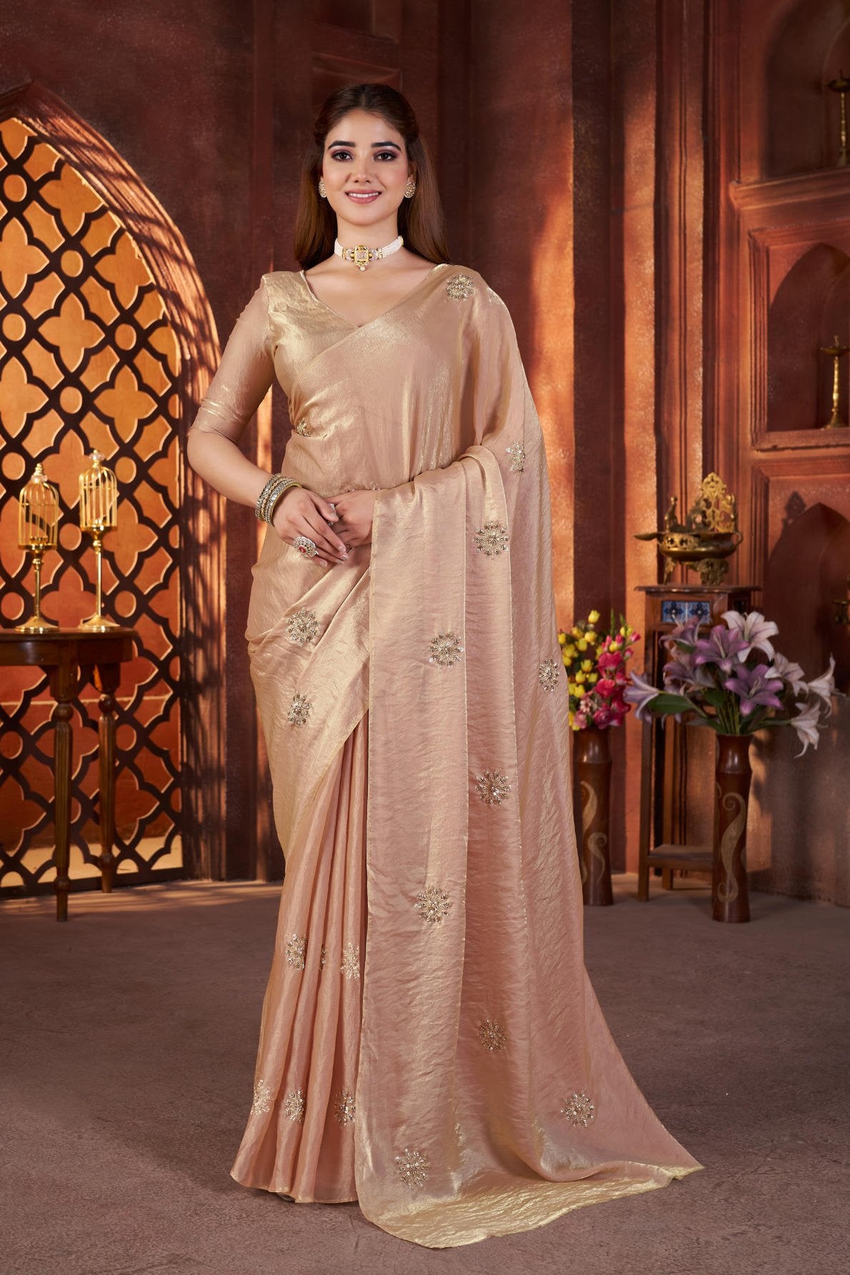 fandy satin silk saree with beads and pipe hand work butta and matching blouse