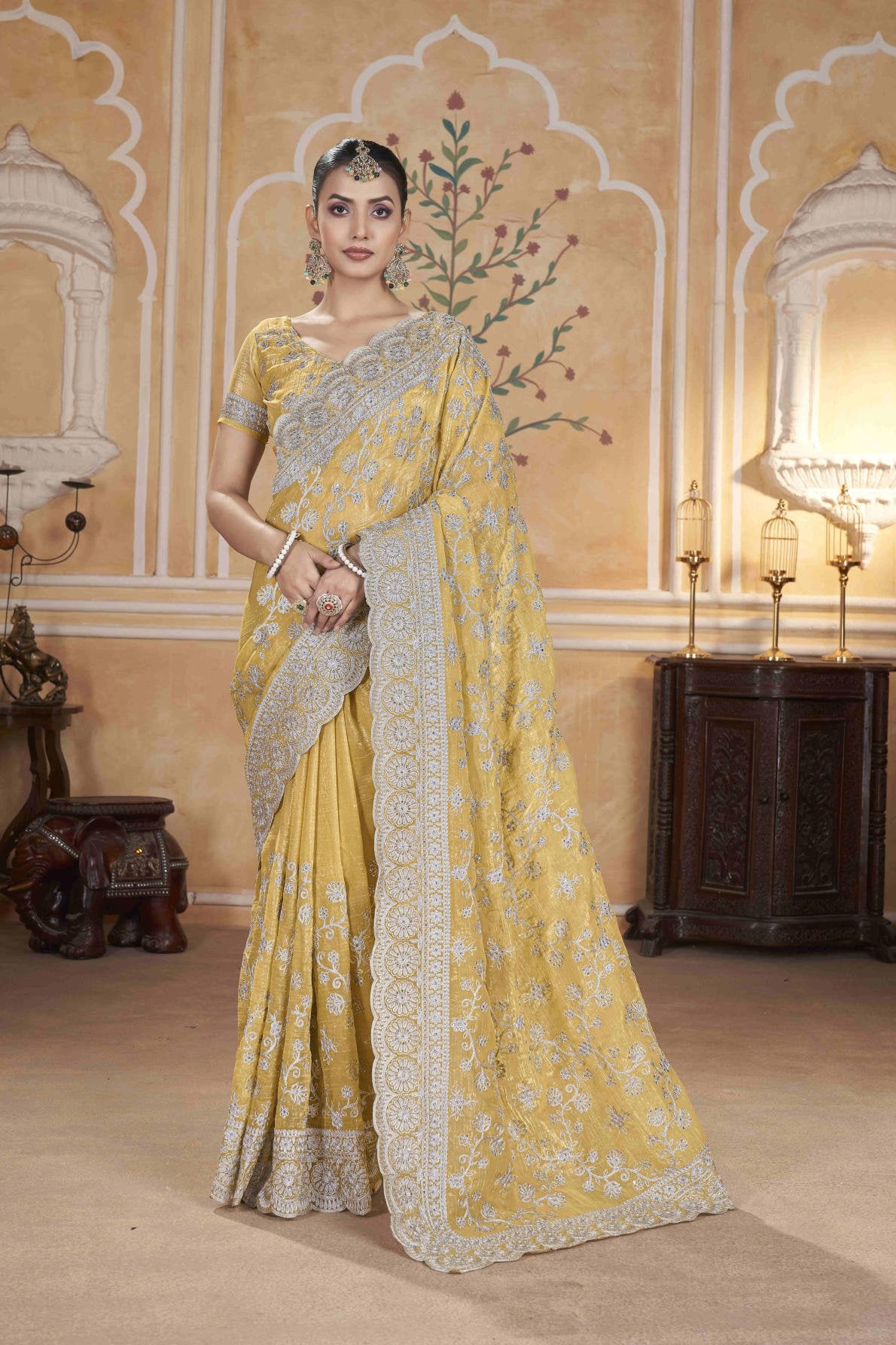gold crunchy saree with silver jari embroidery diamond work and cutwork border with embroidered blouse