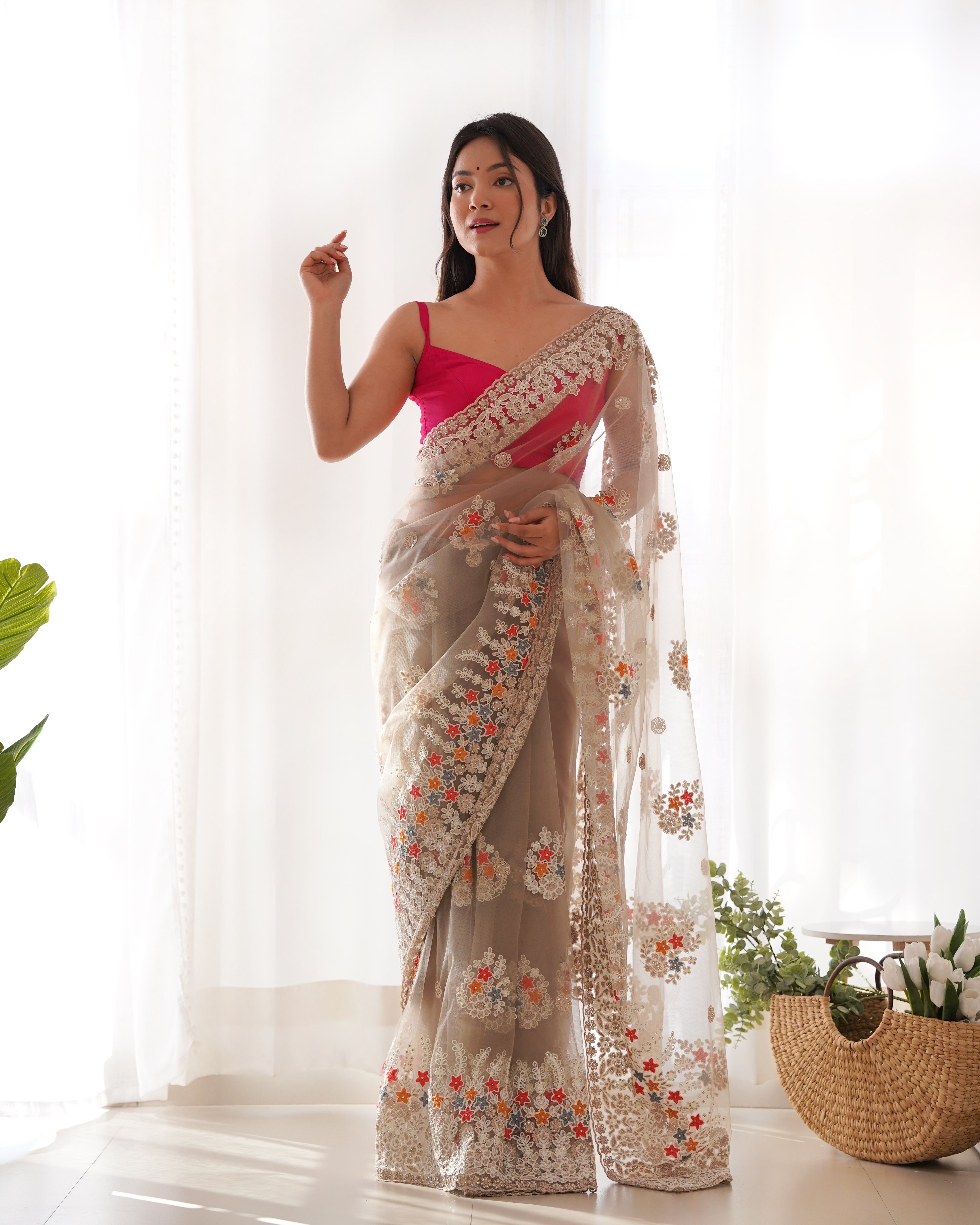 Heavy Butterfly Net Saree With Multicolor Thread Aari Embroidery And Stone Work
