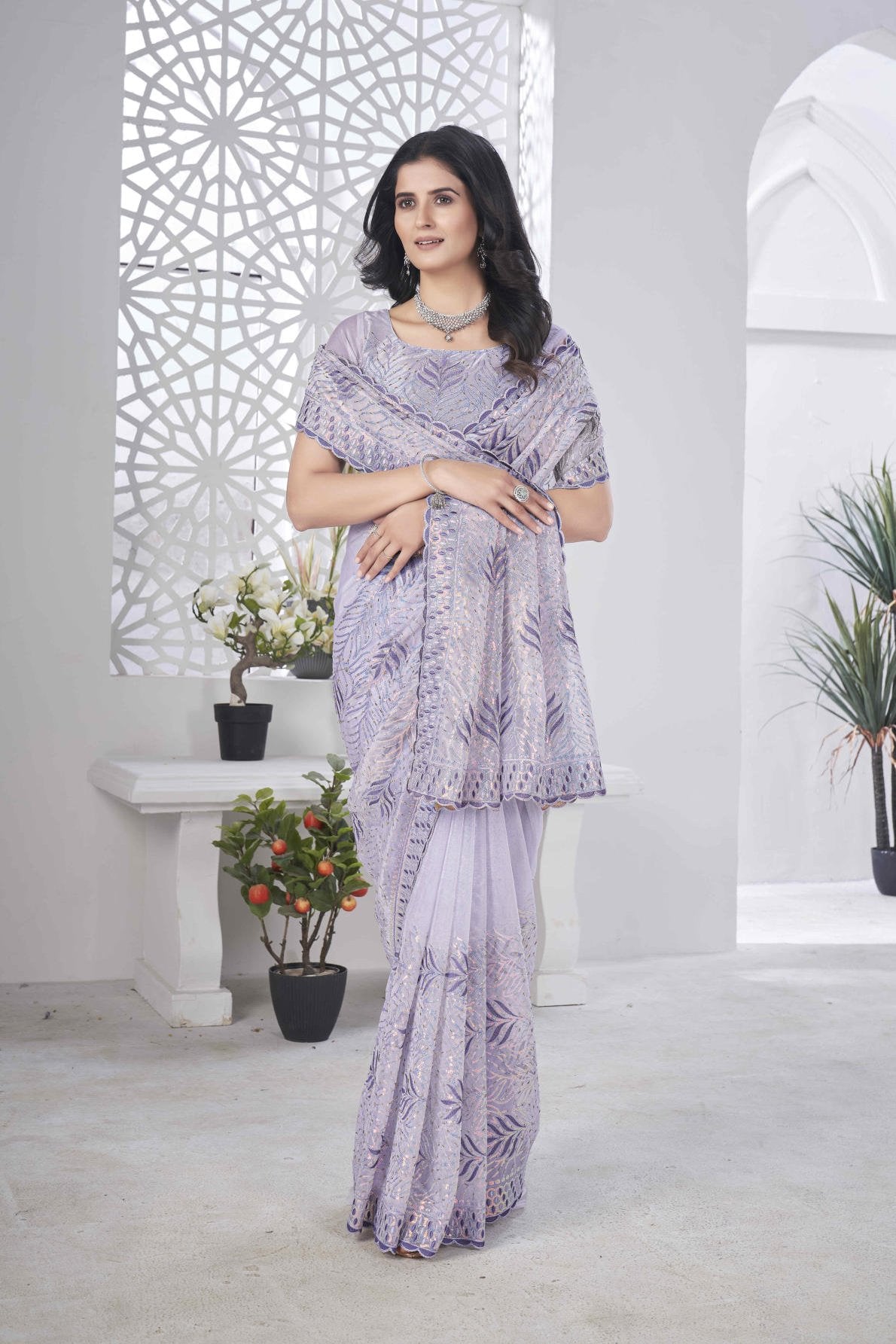 pure tissue net saree with sequins pite work multi colour embroidery and cutwork border