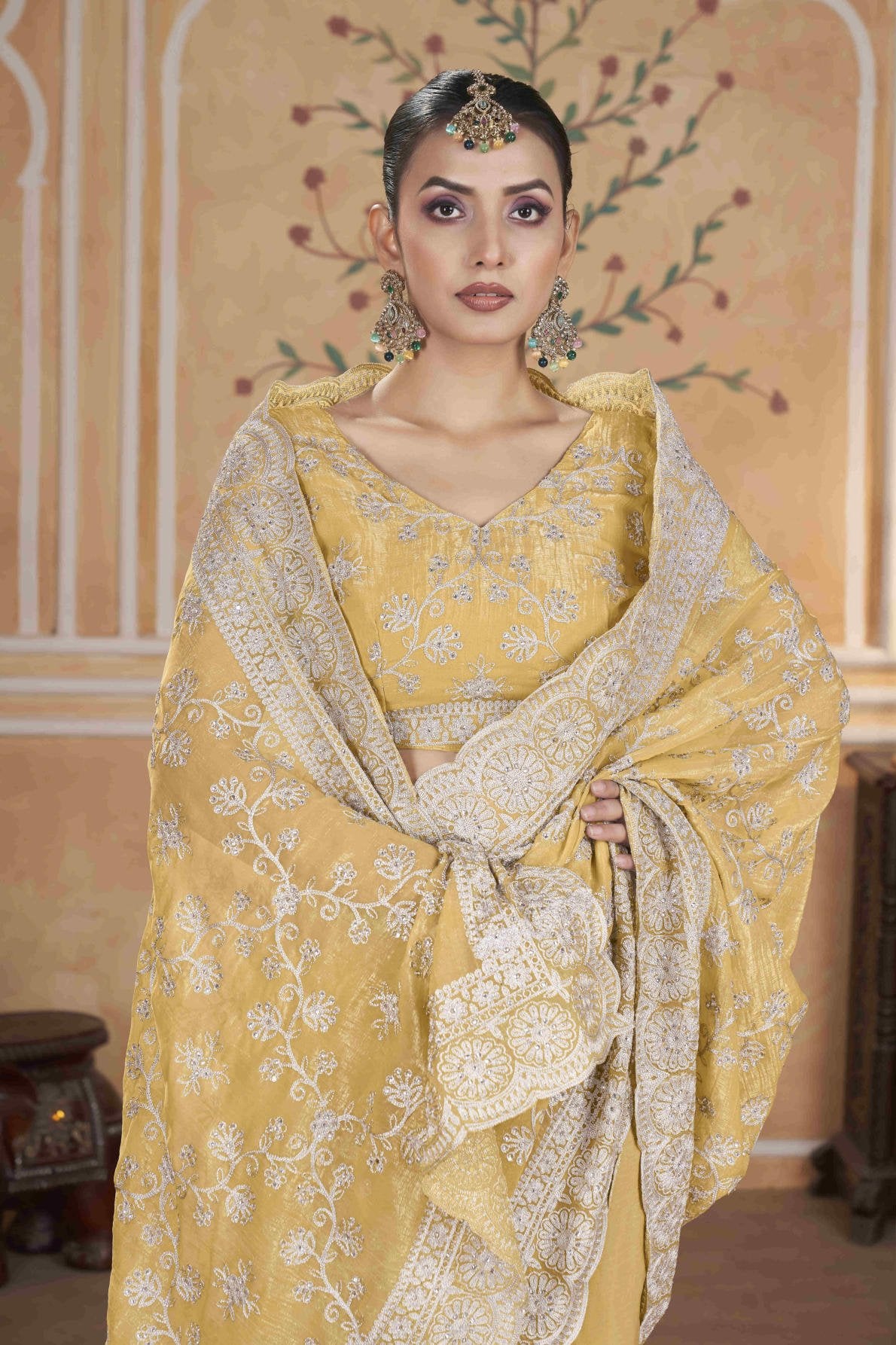 gold crunchy saree with silver jari embroidery diamond work and cutwork border with embroidered blouse