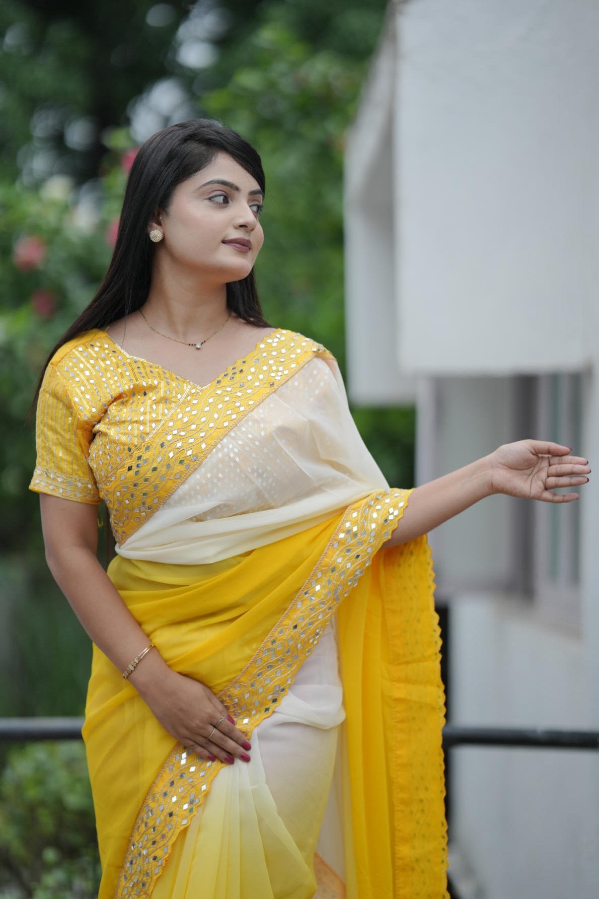 heavy faux georgette shaded saree with mirror work lace border and embroidered mono diamond silk blouse