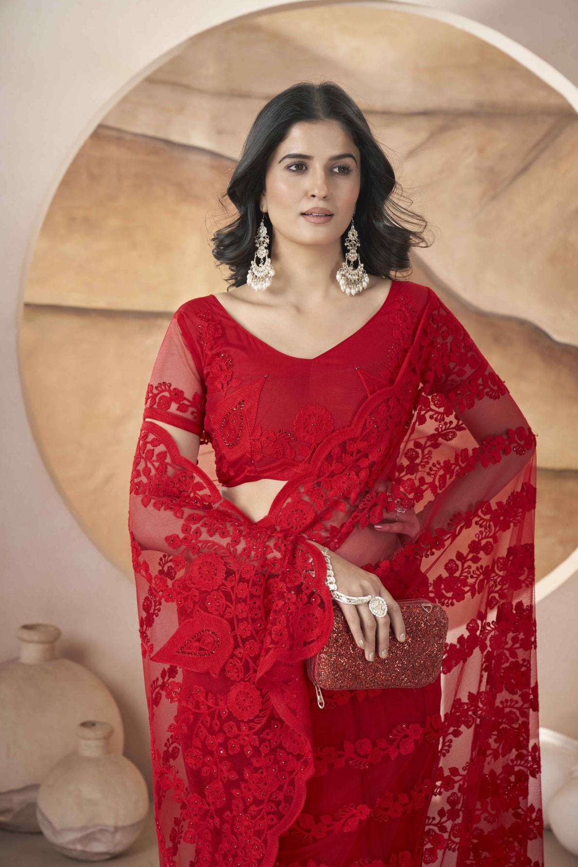 heavy butterfly net saree with tone to tone aari embroidery stone work and rich pallu with embroidered blouse