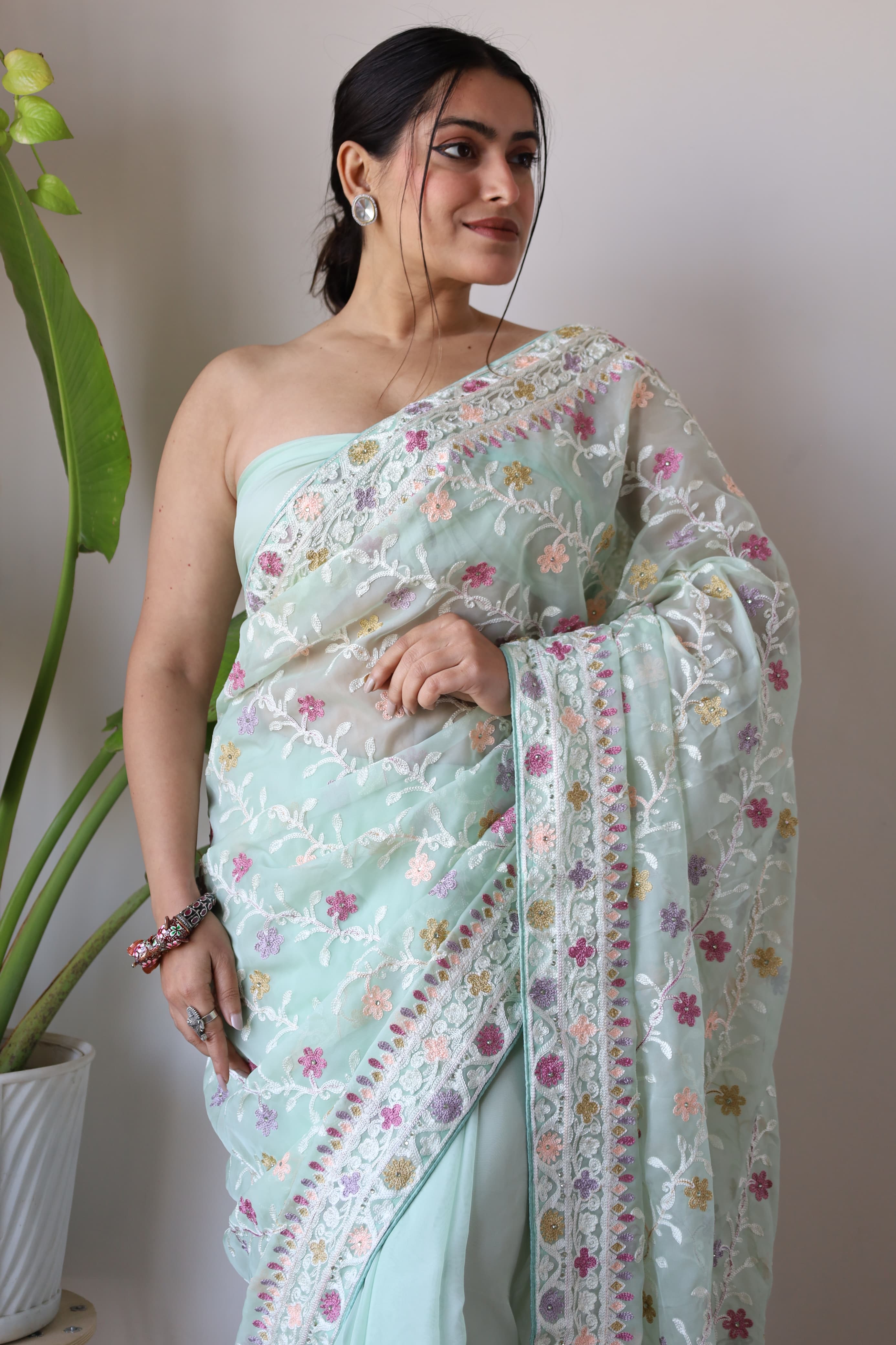 heavy butterfly net saree with multicolor aari embroidery stone work