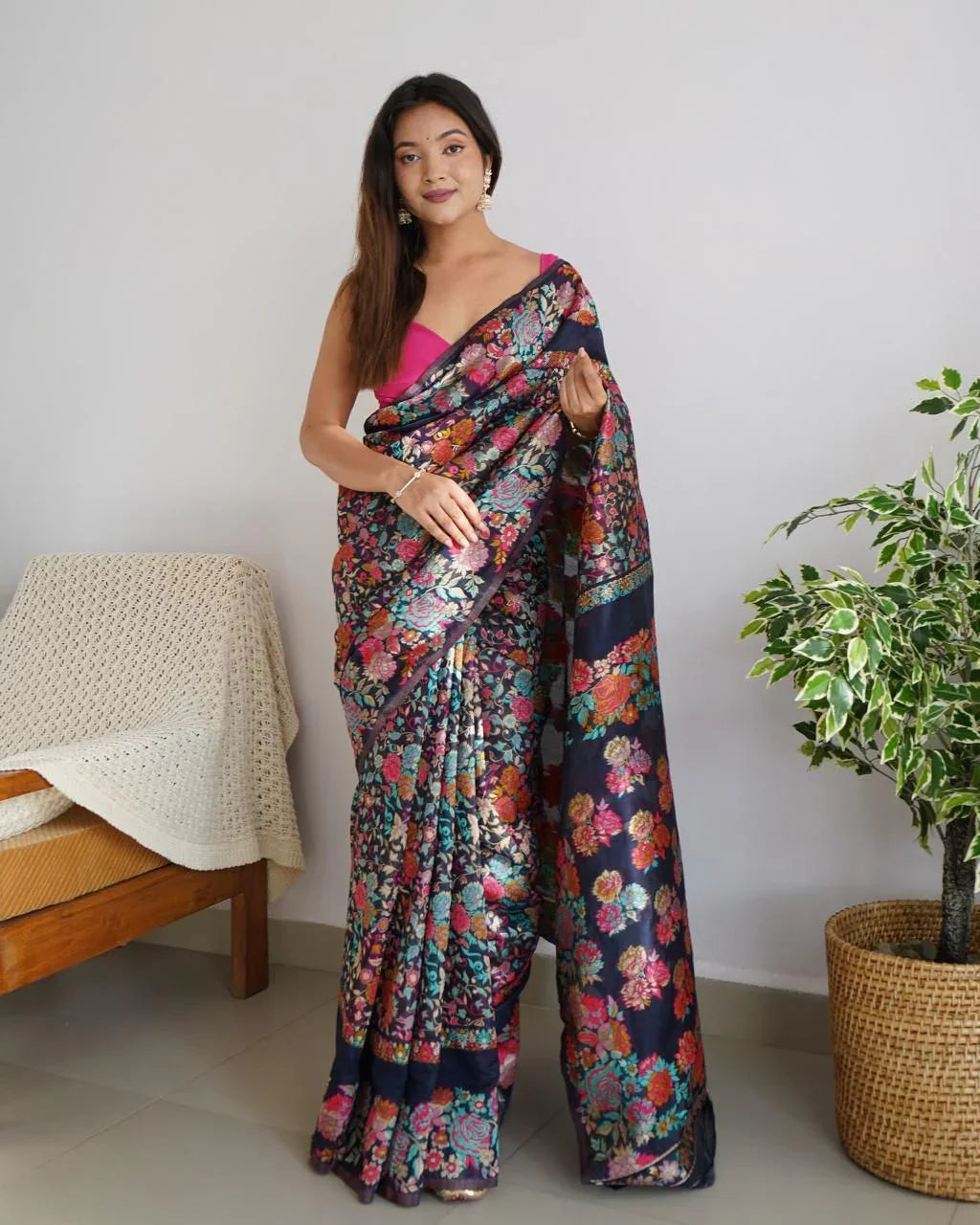 WeaveSaree Banarasi Soft Silk Saree with Kashmiri Multicolor Thread & Pure Zari Weaving – 5.5 Meters