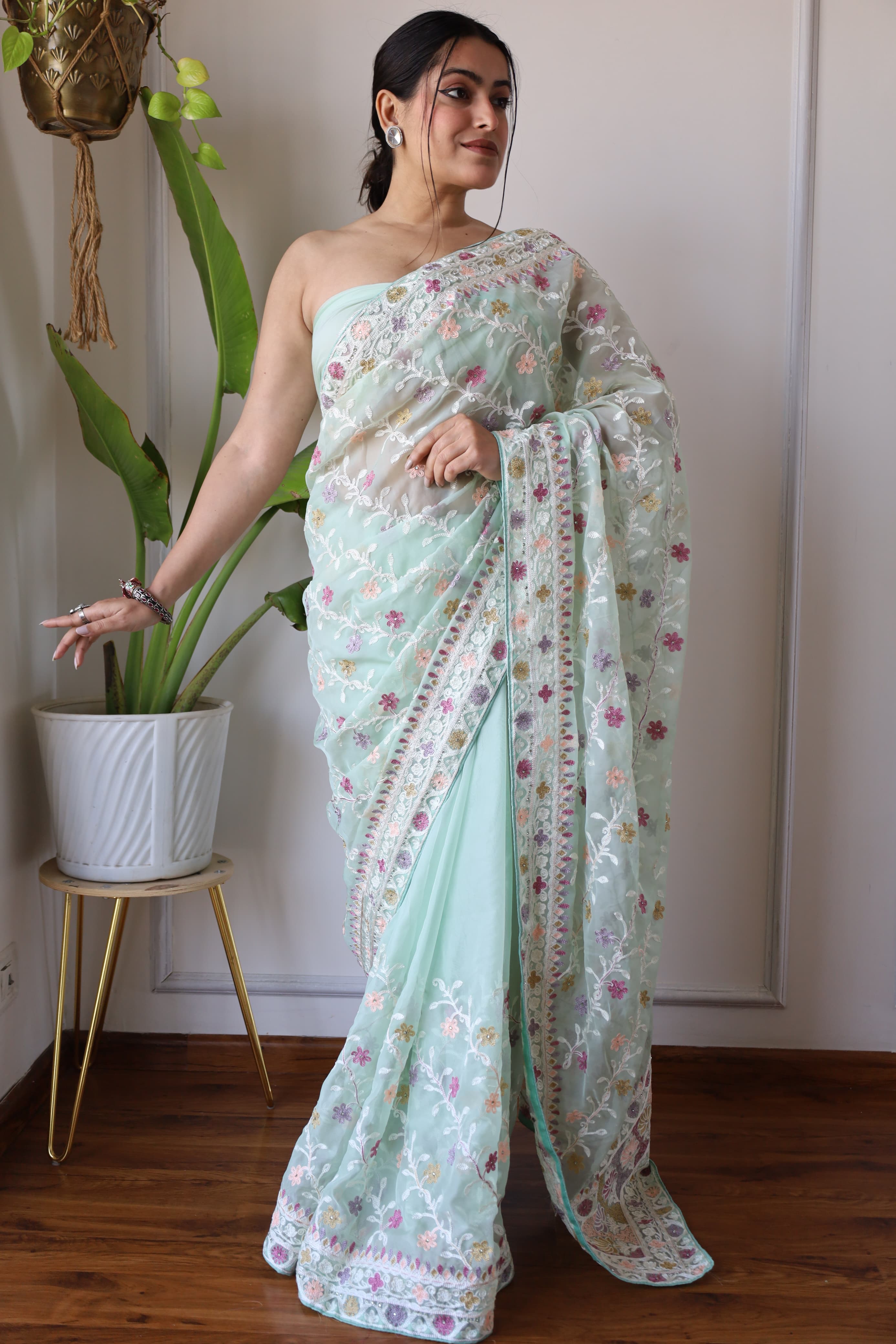 heavy butterfly net saree with multicolor aari embroidery stone work