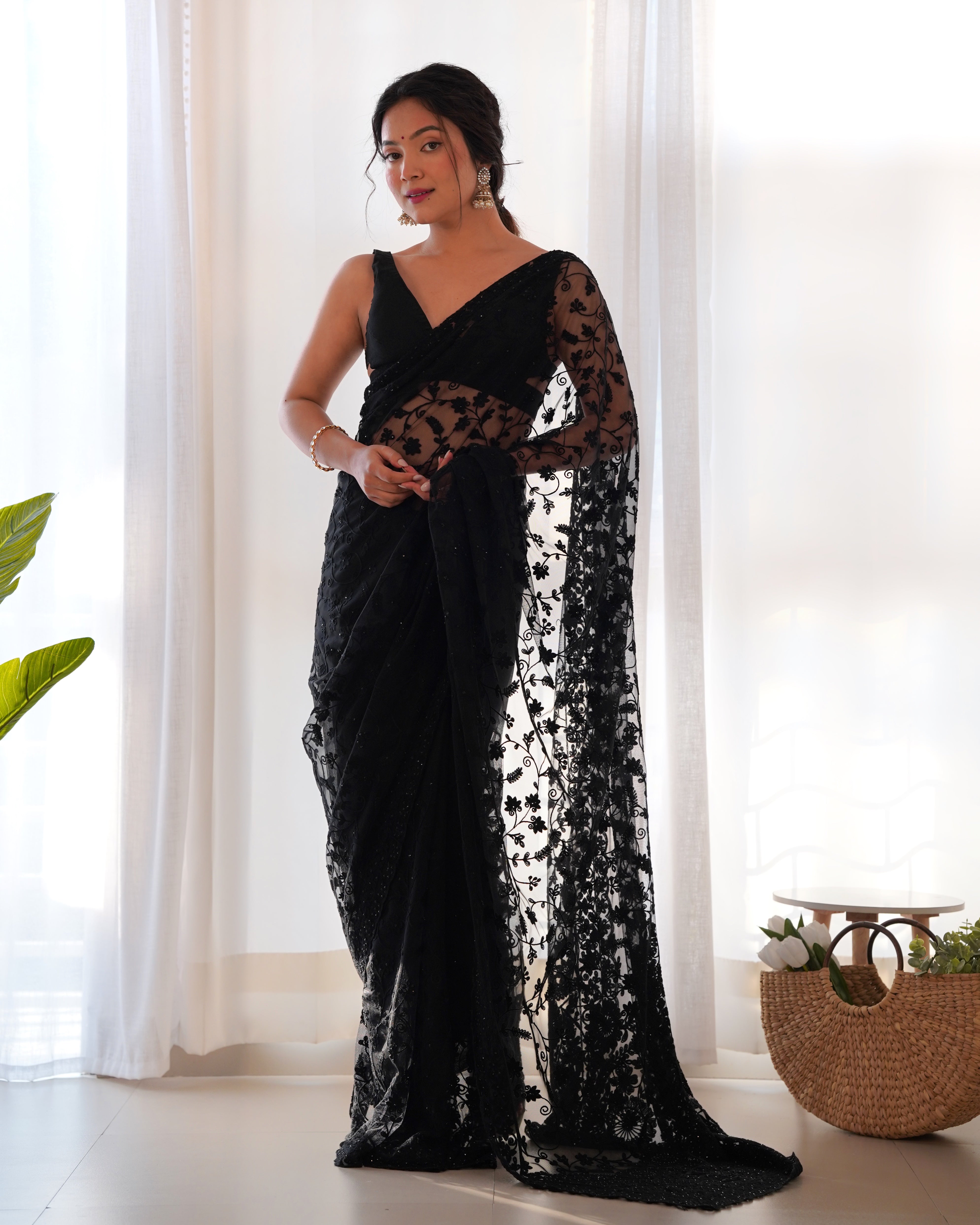 heavy butterfly net saree with tone on tone aari embroidery stone work rich pallu