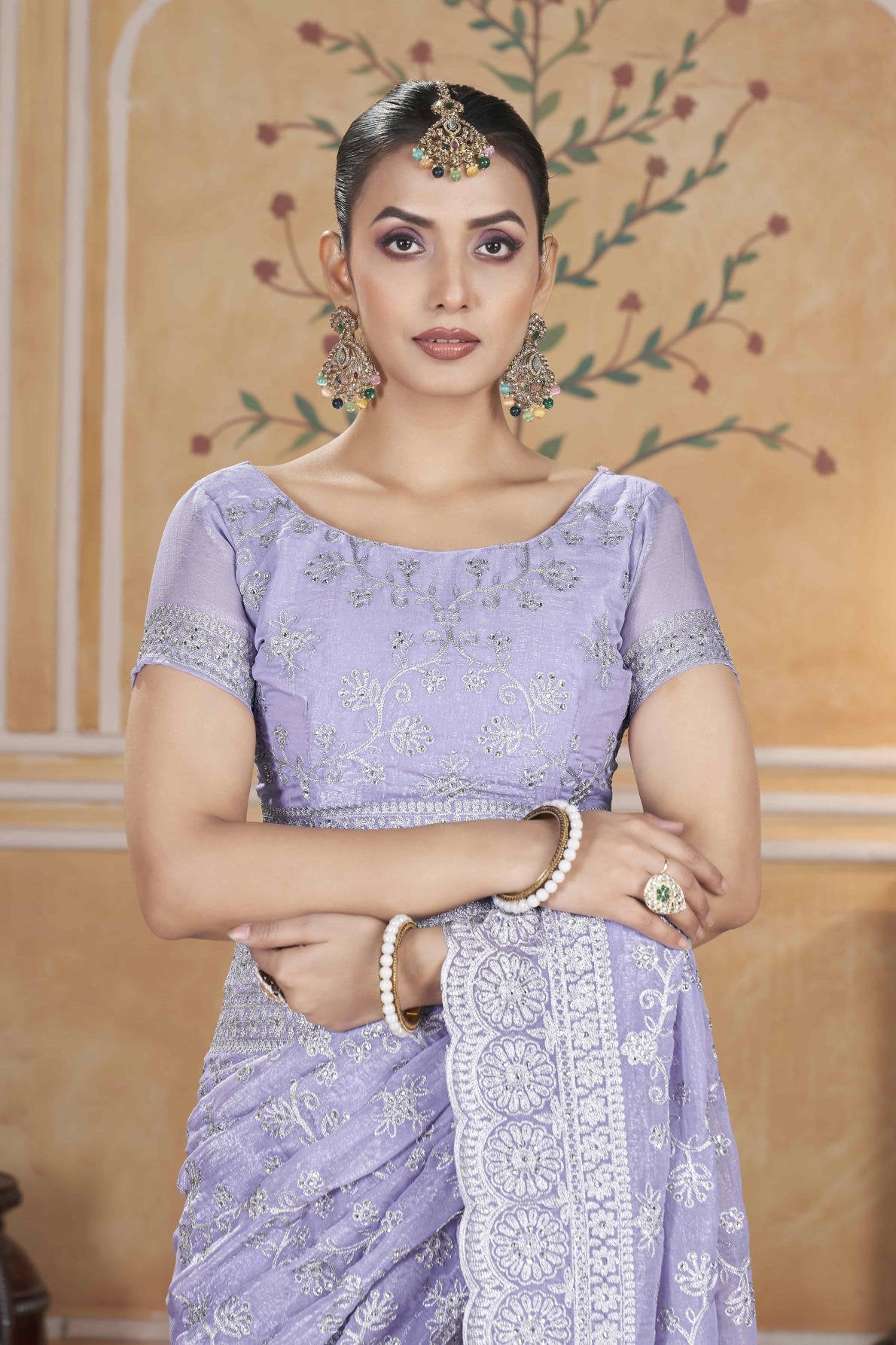 gold crunchy saree with silver jari embroidery diamond work and cutwork border with embroidered blouse