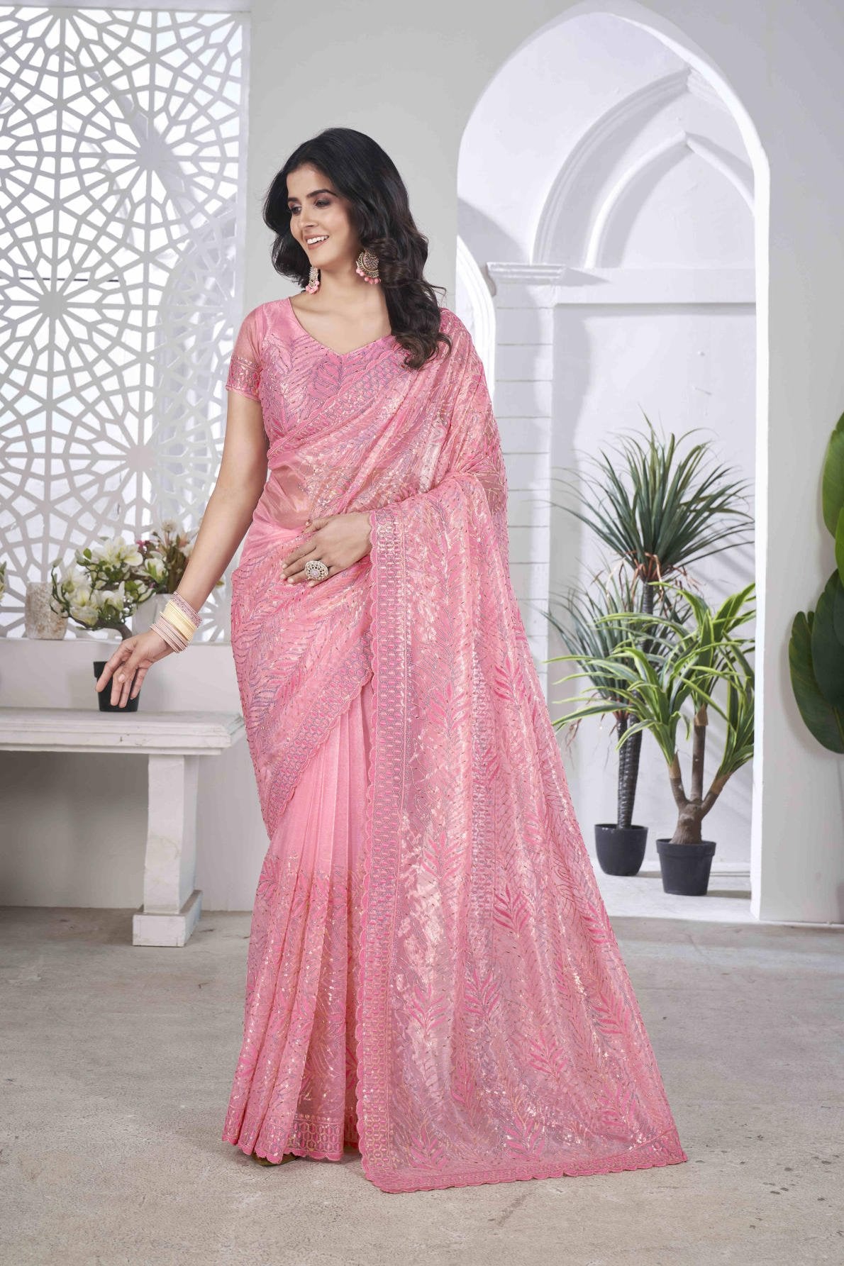 pure tissue net saree with sequins pite work multi colour embroidery and cutwork border