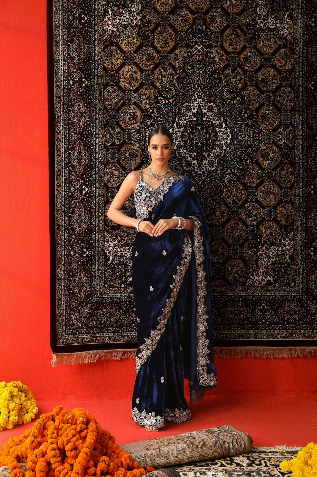 9000 velvet saree with sequins zari embroidery and cutwork border