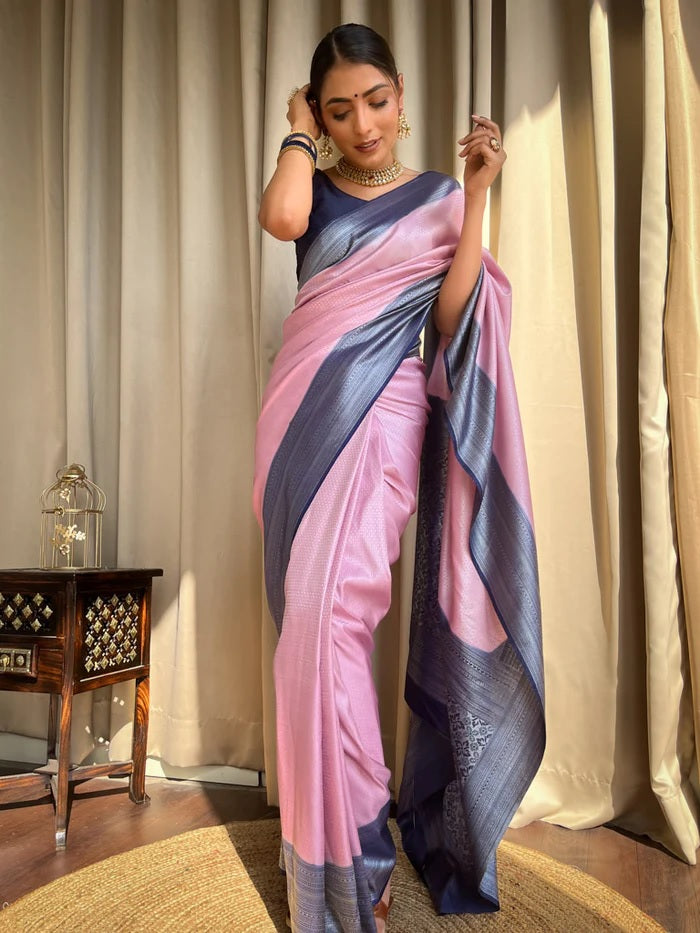 Graceful Whisper Banarasi Soft Silk Saree with Silver Zari