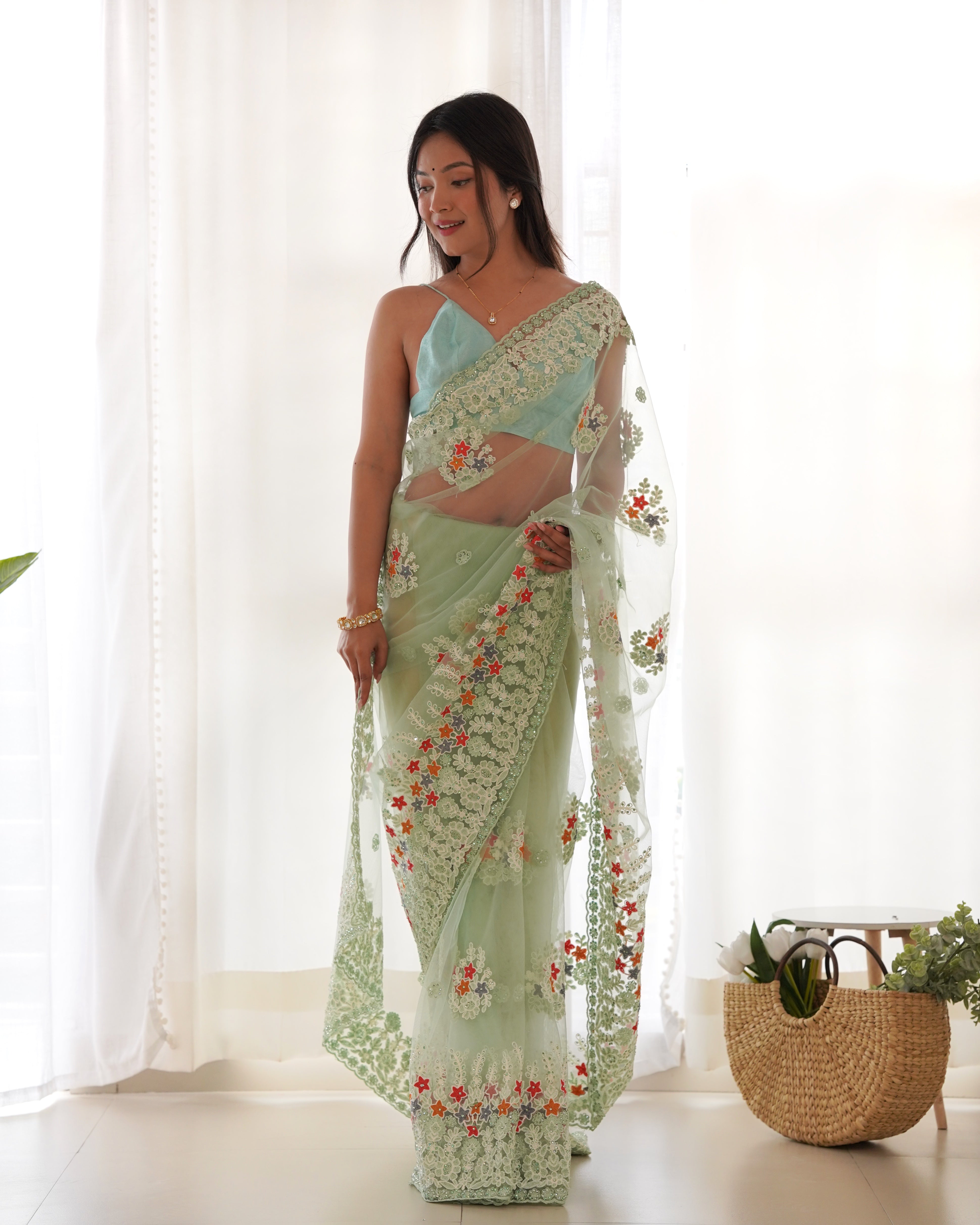 Heavy Butterfly Net Saree With Multicolor Thread Aari Embroidery And Stone Work