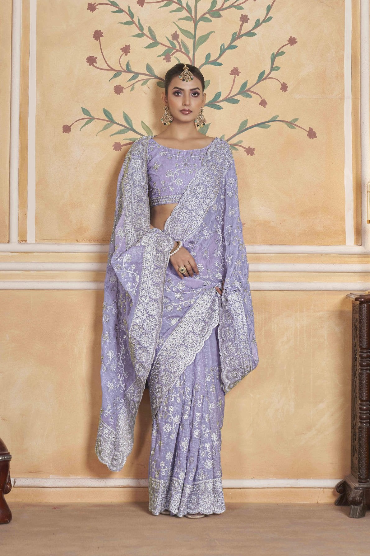 gold crunchy saree with silver jari embroidery diamond work and cutwork border with embroidered blouse