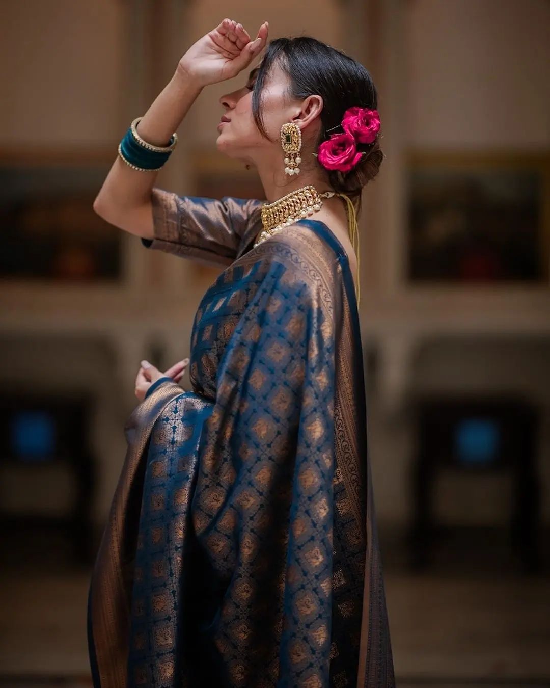 Premium Banarasi silk with elegant brocade patterns
