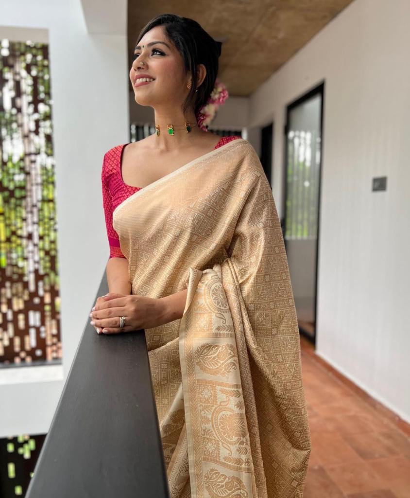 Banarasi Soft Silk Saree with Self Zari Vertical Line Blouse – Shade 1 (605GM)