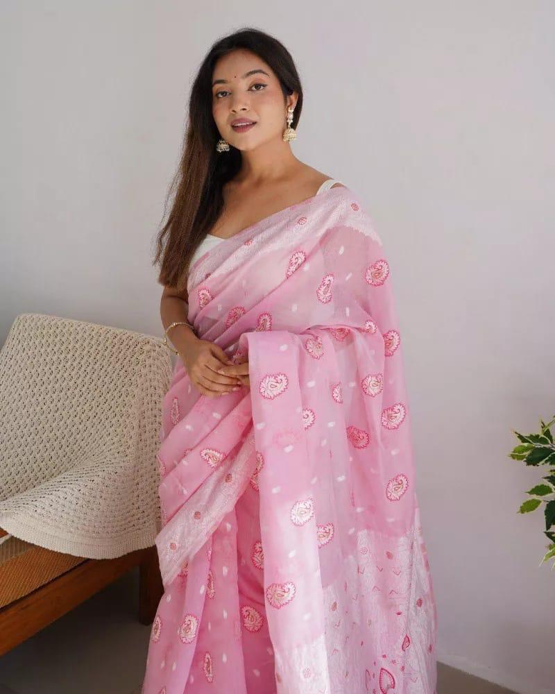 Soft Linen Cotton Silk Saree with Rich Jacquard Border & Designer Pallu
