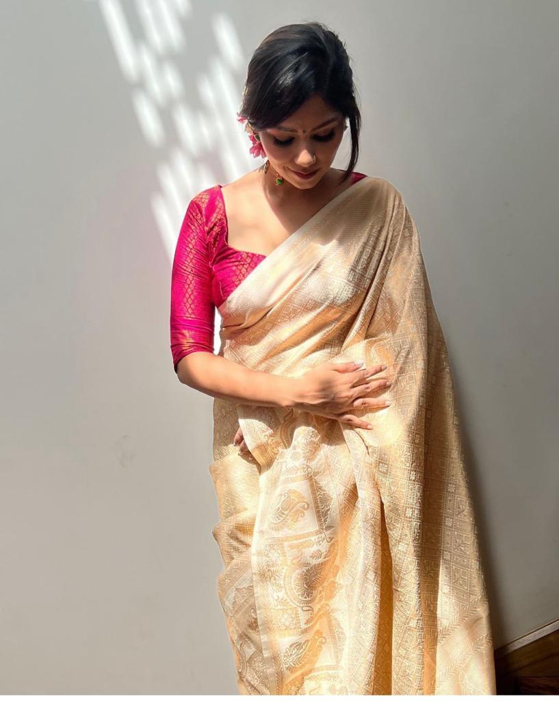 Banarasi Soft Silk Saree with Self Zari Vertical Line Blouse – Shade 1 (605GM)