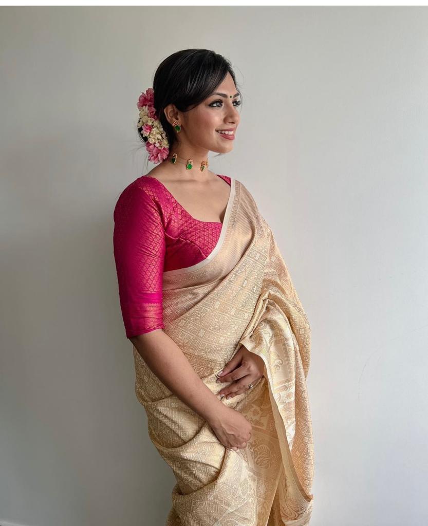 Banarasi Soft Silk Saree with Self Zari Vertical Line Blouse – Shade 1 (605GM)
