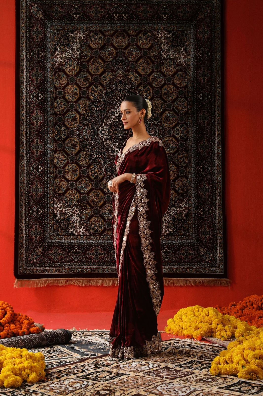 9000 velvet saree with sequins zari embroidery and cutwork border
