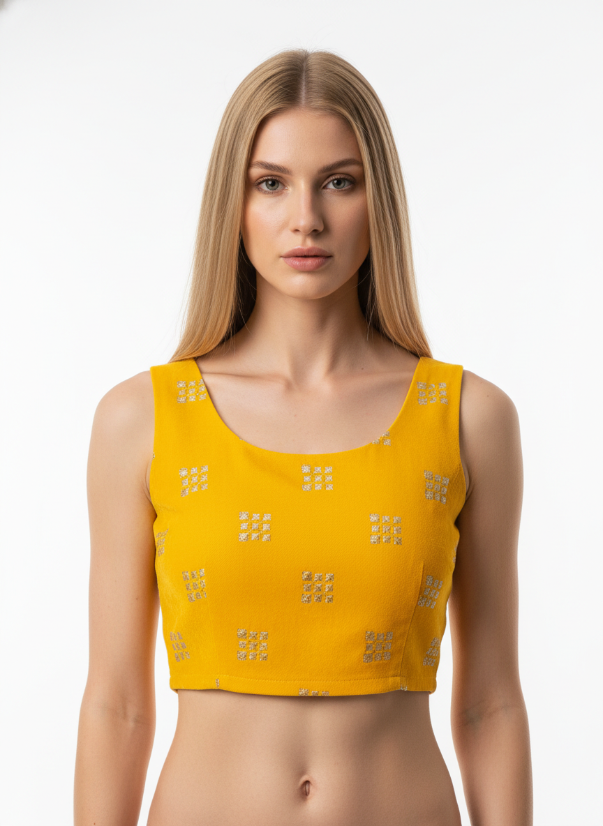 Yellow Square Embroidery Velvet Fabric – Designer Work | 1 Meter