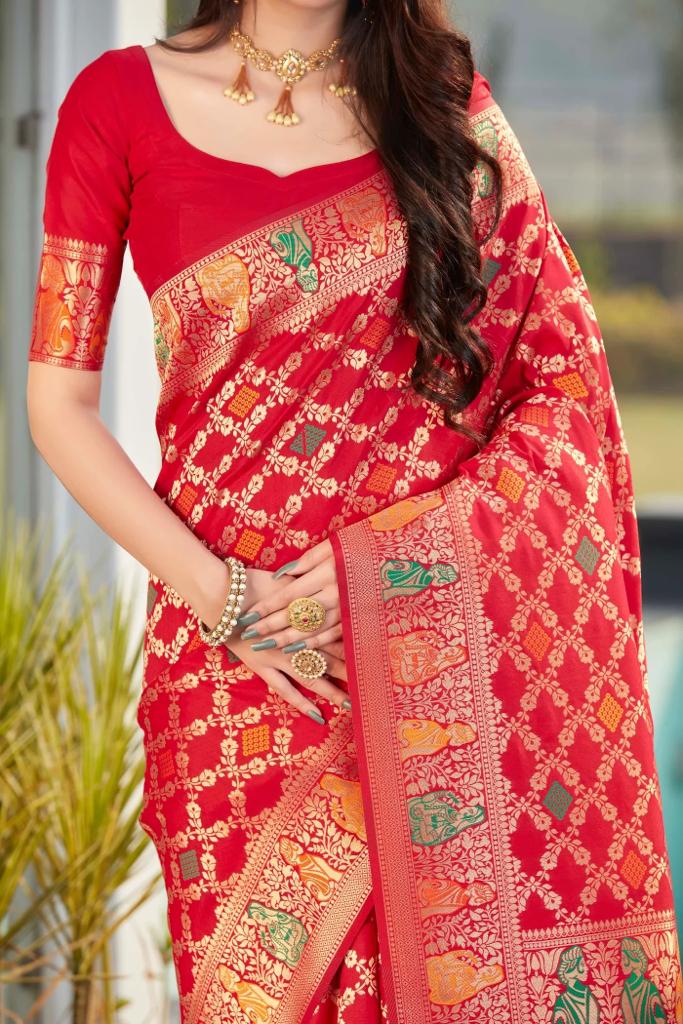 Punch Handcrafted Kanjivaram Silk Saree with All-Over Zari Work