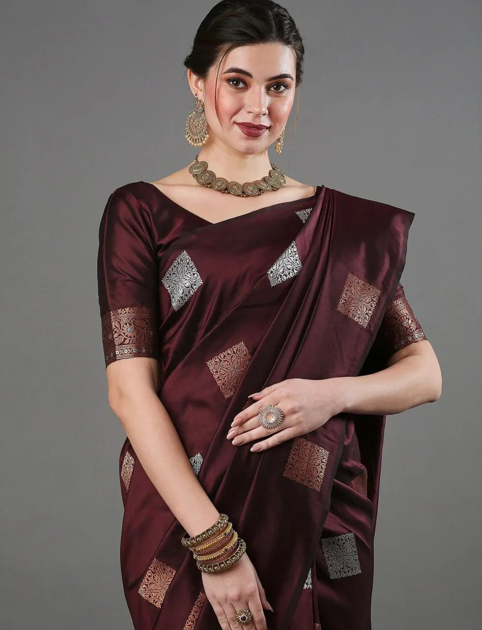Banarasi Soft Silk Saree with Heavy Brocade & Copper-Silver Zari Weaving – 5.5 Meters