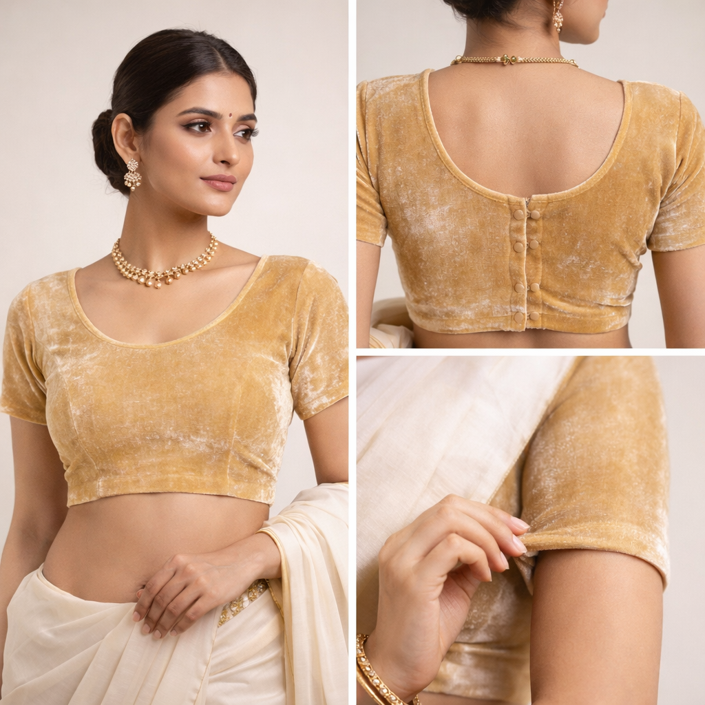 Plain Velvet Fabric Gold – 1 Meter Unstitched Blouse Fabric | 44 Inch Width | 220 GSM