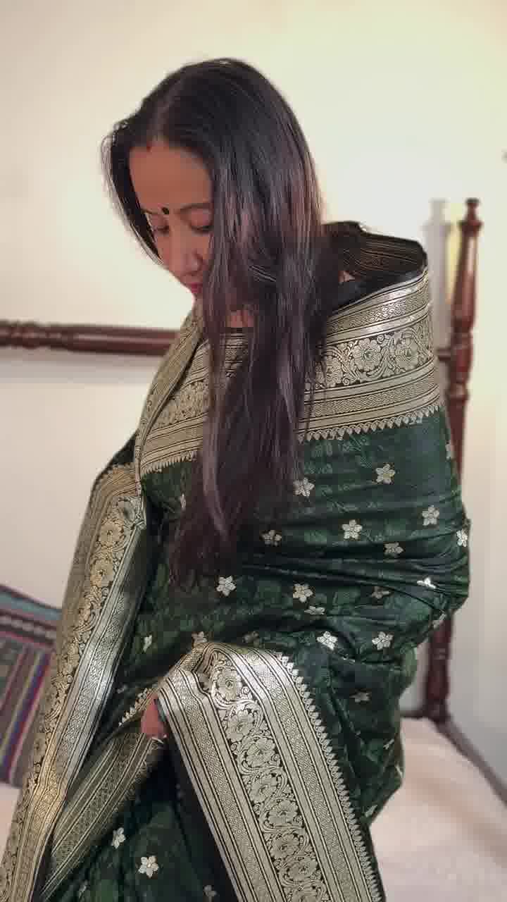 Serene Aura Banarasi Soft Silk Saree with Silver Zari