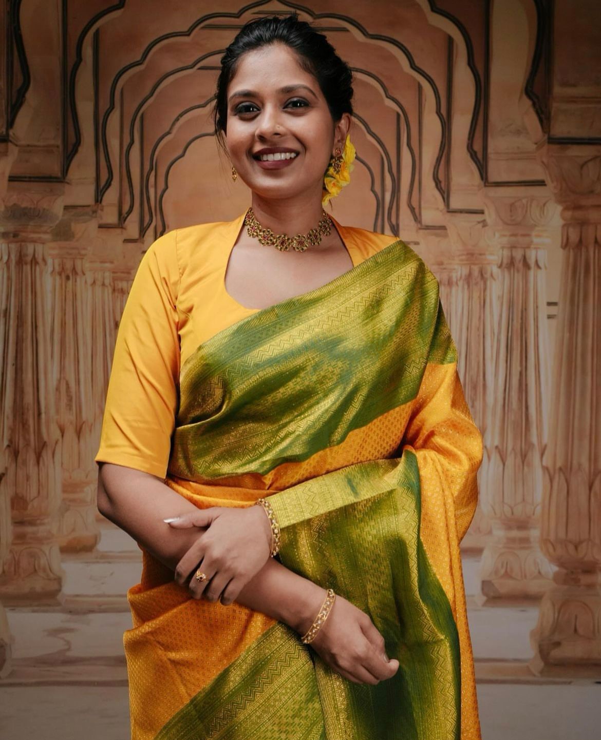 Regal Gold Banarasi soft silk saree with brocade detailing