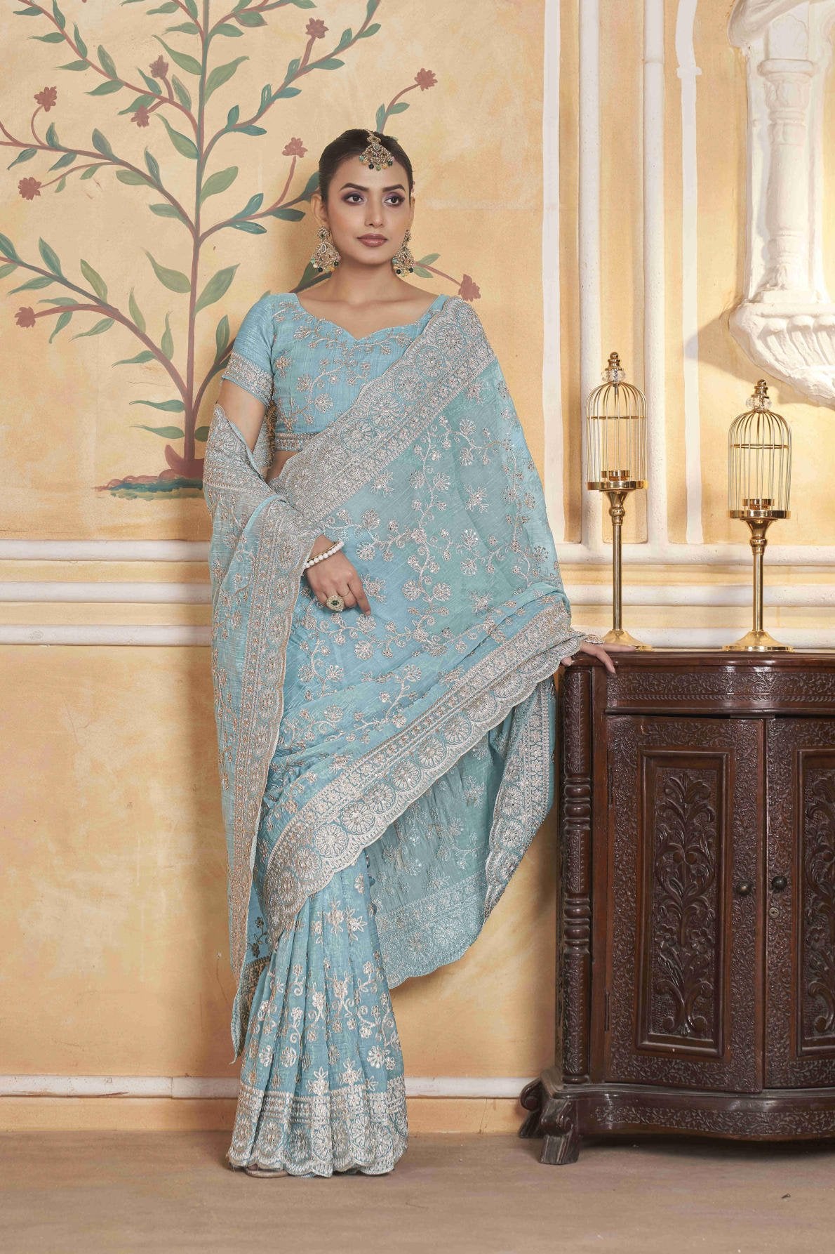 gold crunchy saree with silver jari embroidery diamond work and cutwork border with embroidered blouse