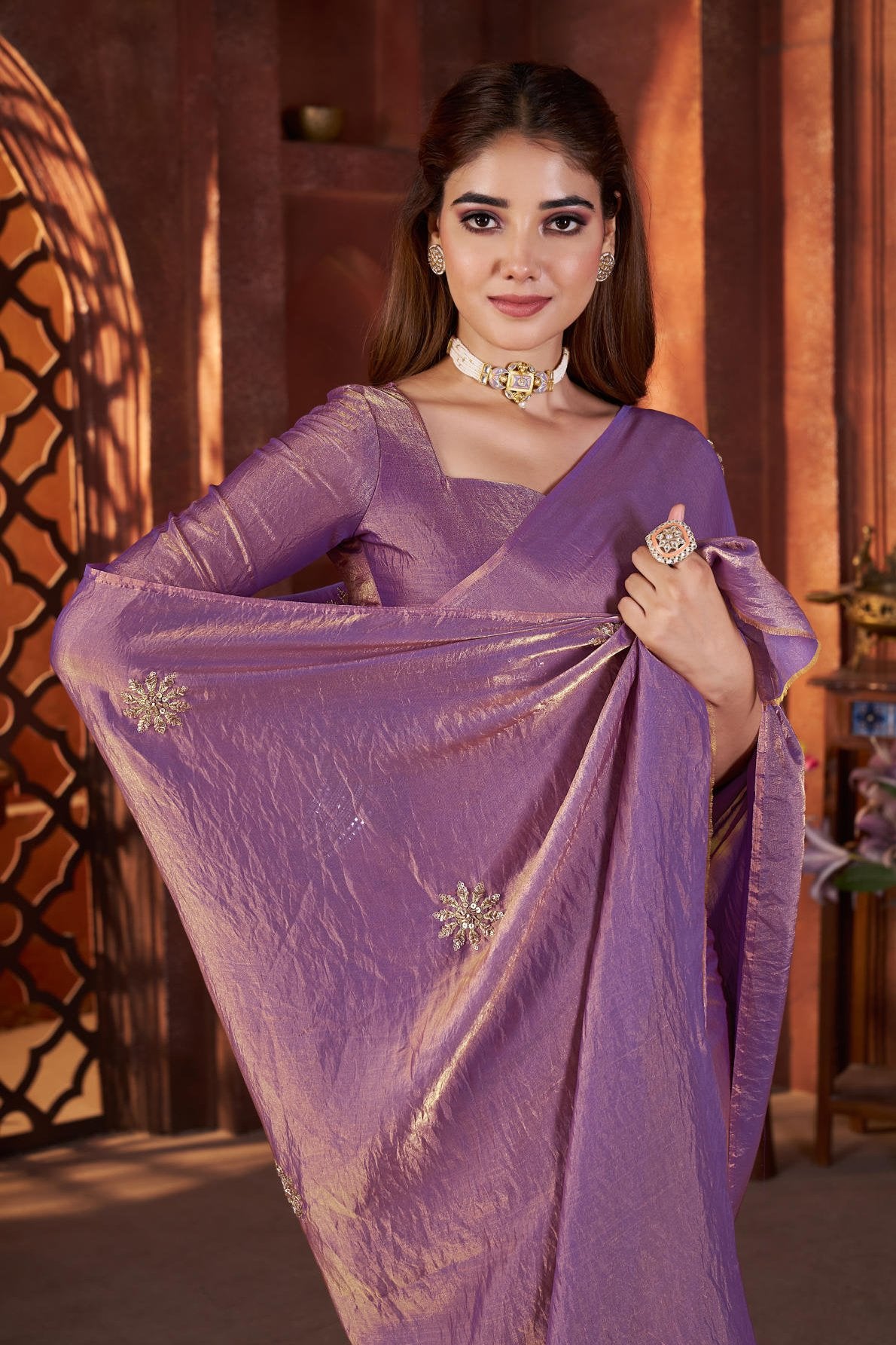 fandy satin silk saree with beads and pipe hand work butta and matching blouse