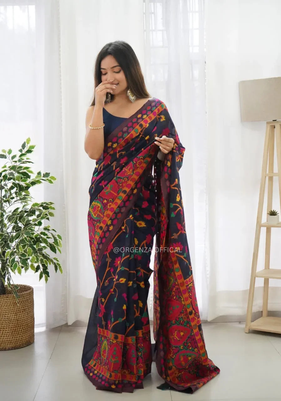 WeaveSaree Banarasi Soft Silk Saree with Kashmiri Multicolor Thread Weaving, Pure Zari Work, and Unstiched Blouse