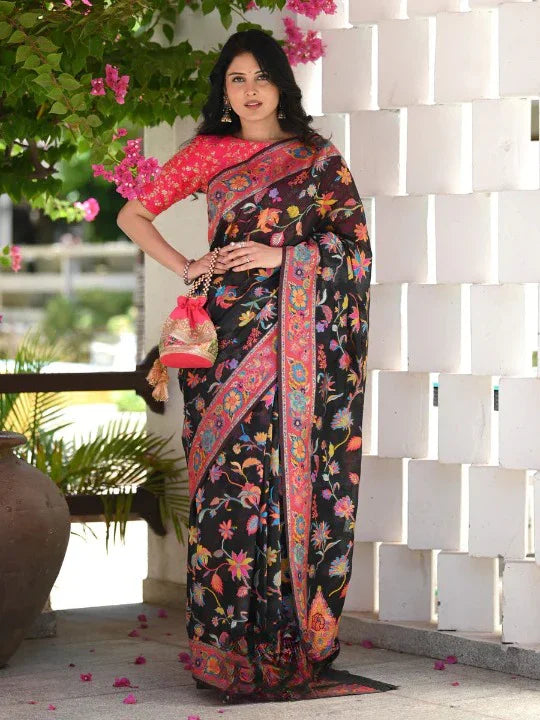 WeaveSaree Banarasi Soft Silk Saree with Kashmiri Multicolor Thread Weaving, Pure Zari Detailing, Five Light Shades, and Unstiched Blouse
