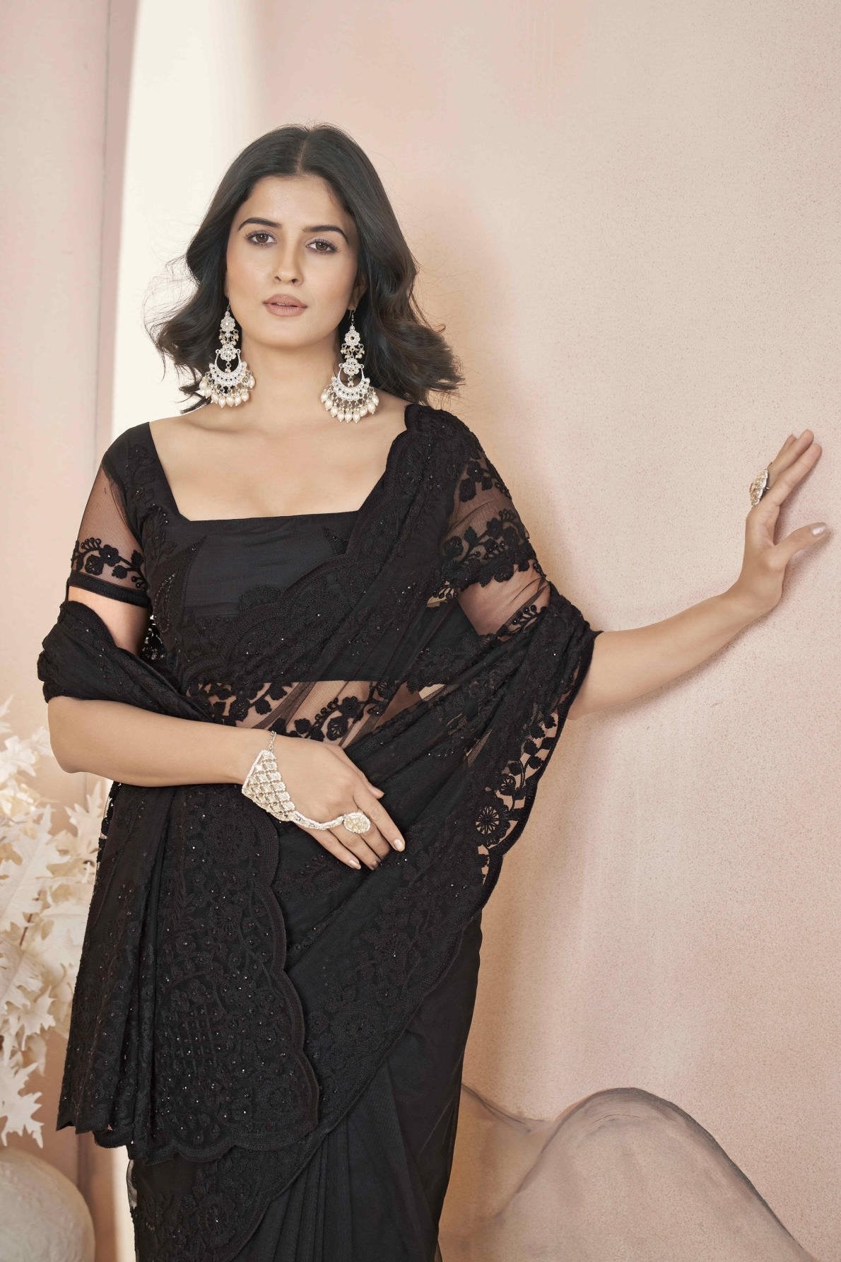 heavy butterfly net saree with tone to tone aari embroidery stone work and rich pallu with embroidered blouse