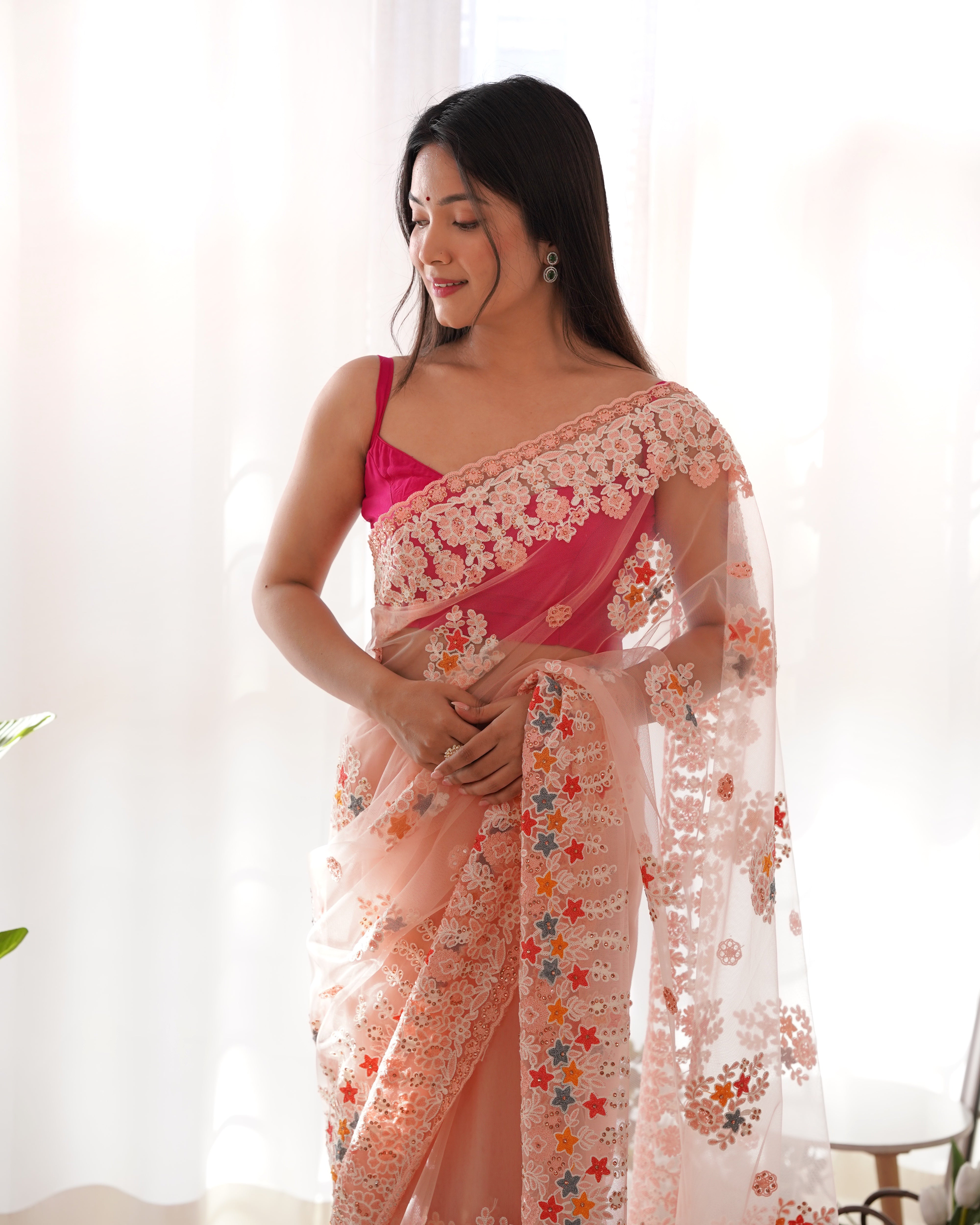 Heavy Butterfly Net Saree With Multicolor Thread Aari Embroidery And Stone Work