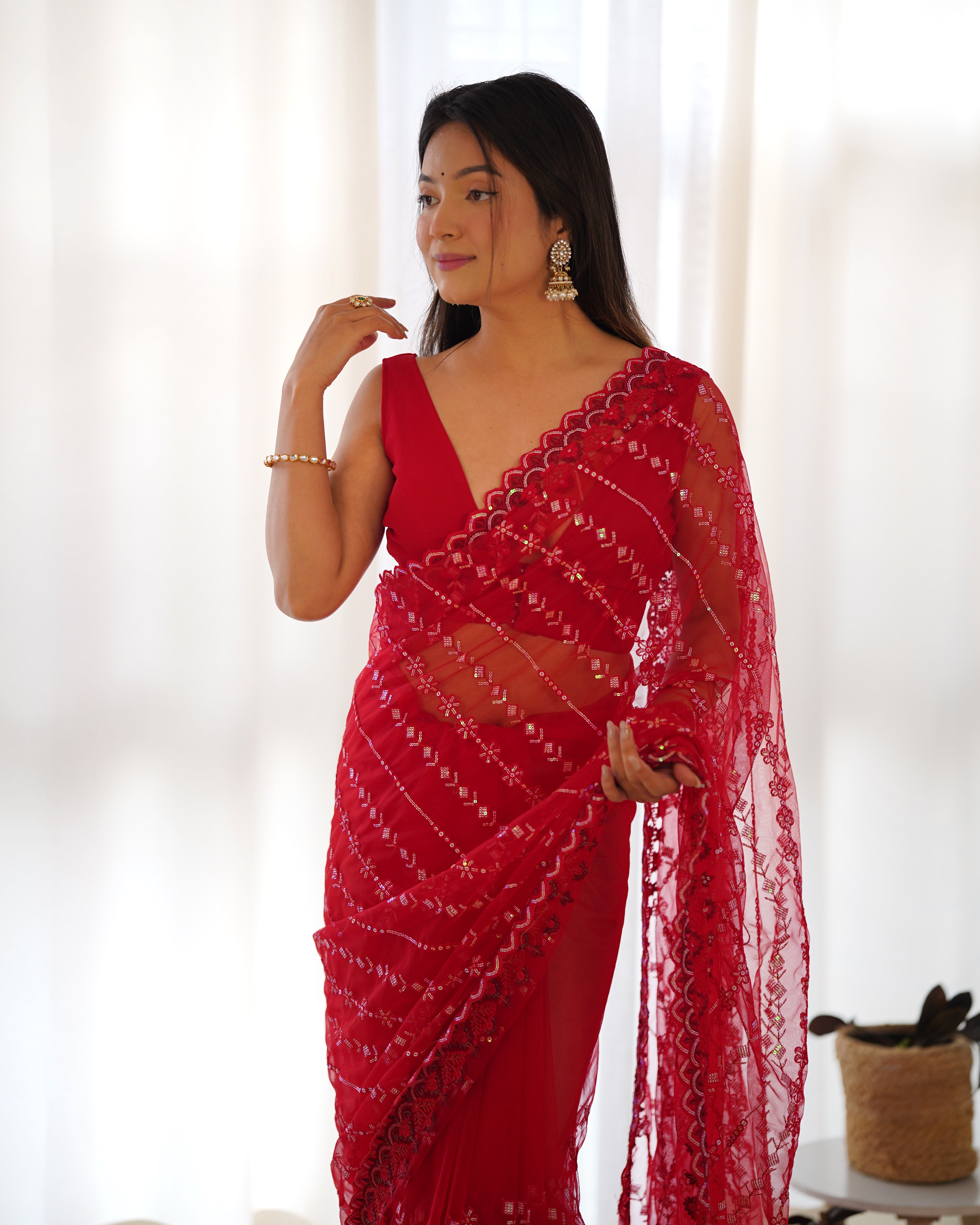 butterfly net saree with multicolor thread embroidery sequin work and cutwork border